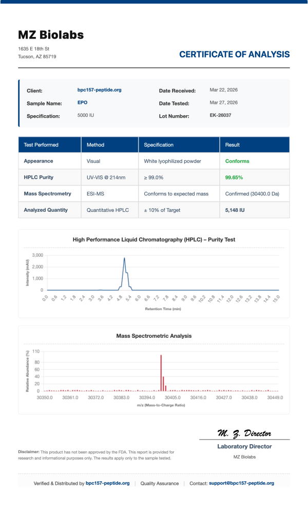 COA_EPO_EK-26037 Erythropoietin (EPO) | 3000IU x 10 Vials | >99% Purity