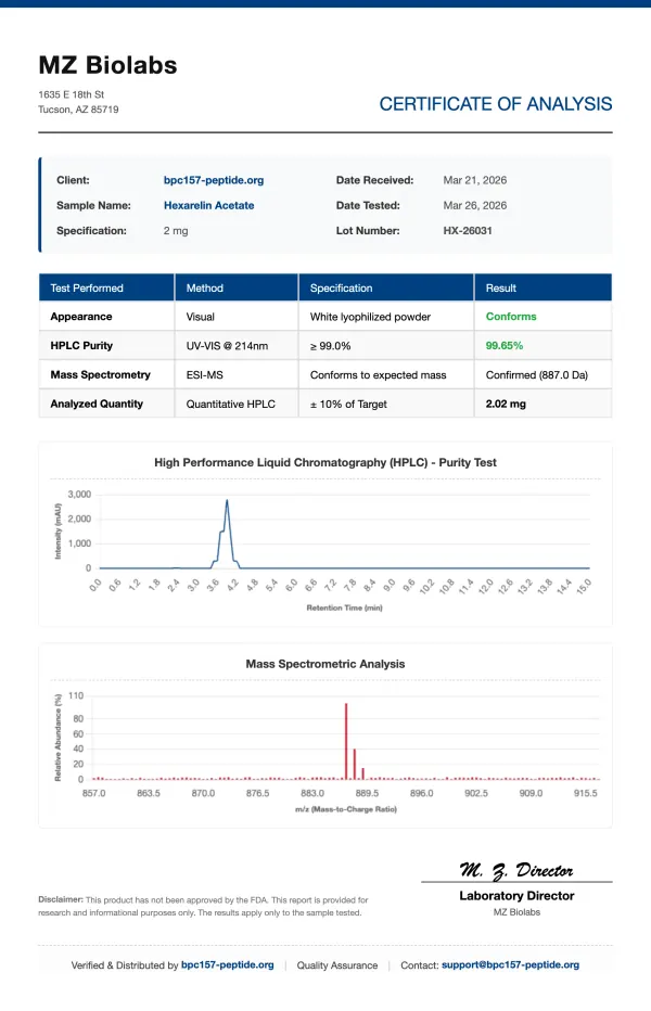 COA_Hexarelin_Acetate_HX-26031 Hexarelin Acetate (Maximum GH Pulse) | 2mg - 5mg | >99% Purity