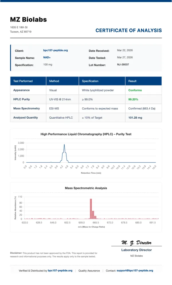 COA_NAD+_NJ-26037 NAD+ (Nicotinamide Adenine Dinucleotide) | 100mg - 1000mg Vials | >99% Purity