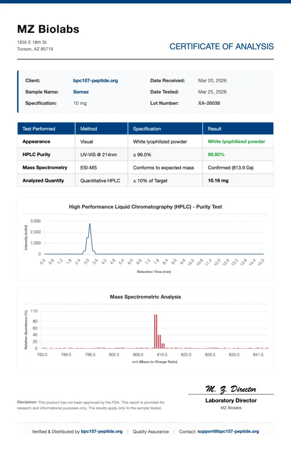 COA_Semax_XA-26038 Semax (Nootropic Peptide) | 5mg - 30mg Vials | >99% Purity