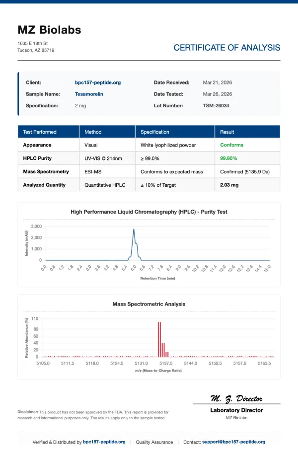 COA_Tesamorelin_TSM-26034 Tesamorelin (Visceral Fat Targeting) | 2mg - 20mg Vials | >99% Purity