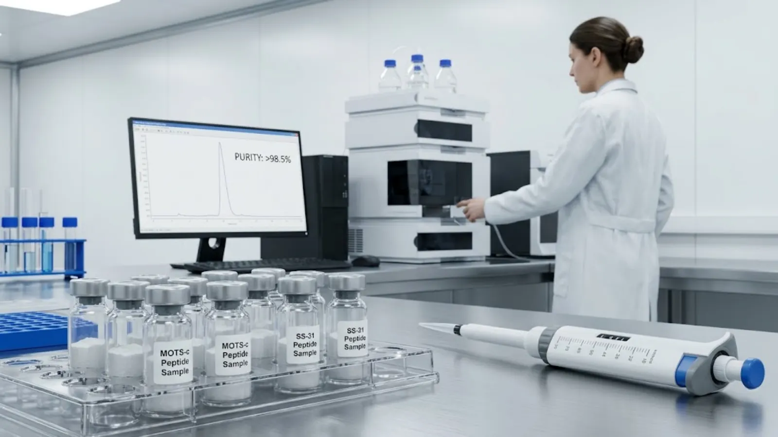 Laboratory professional analyzing peptide purity via HPLC
