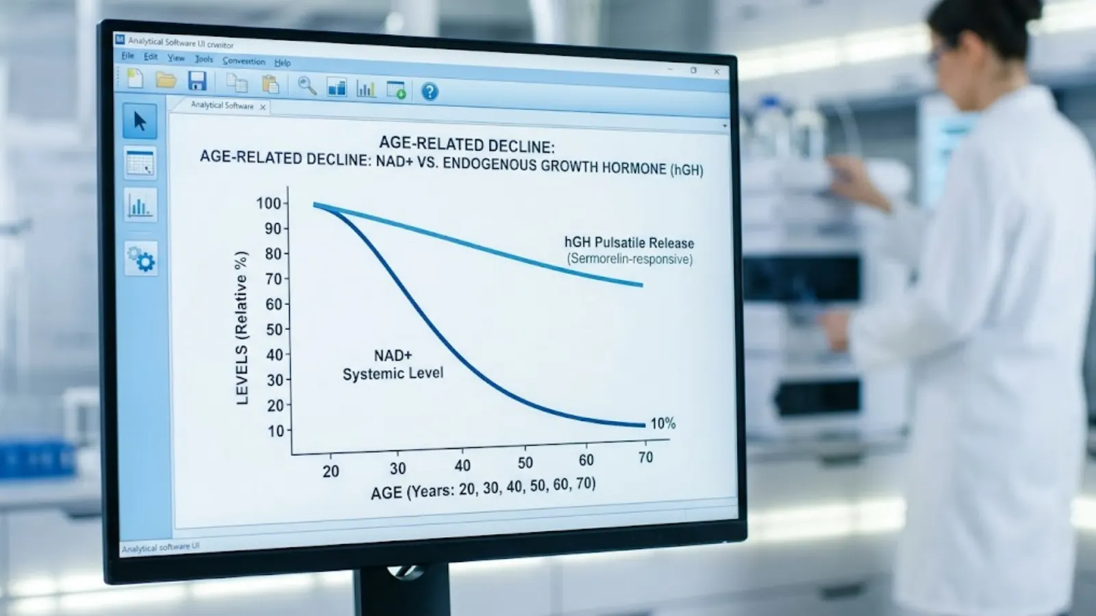 Clinical Data Visualization showing Age-Related Decline of NAD+ vs hGH