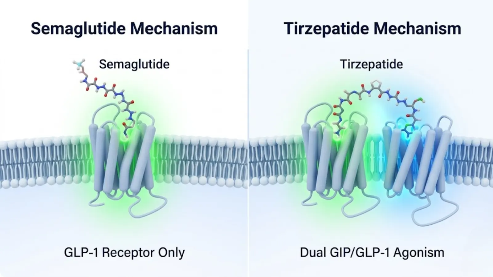 Conceptual molecular mechanism of single vs dual agonism