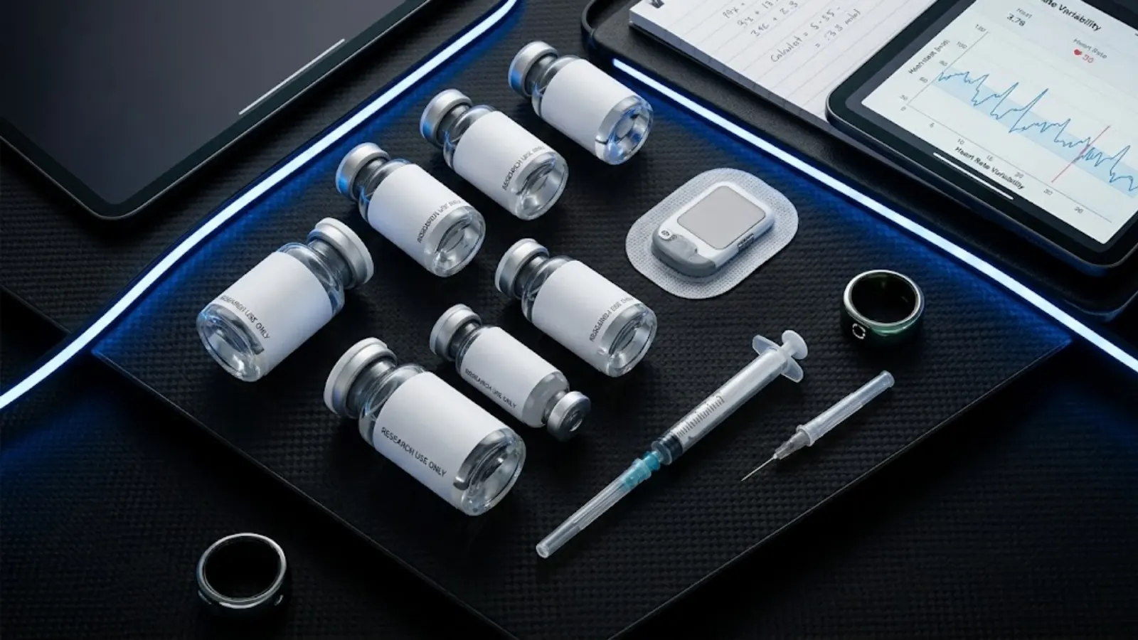 Advanced Biohacking Medical Optimization Flat Lay with Peptide Vials