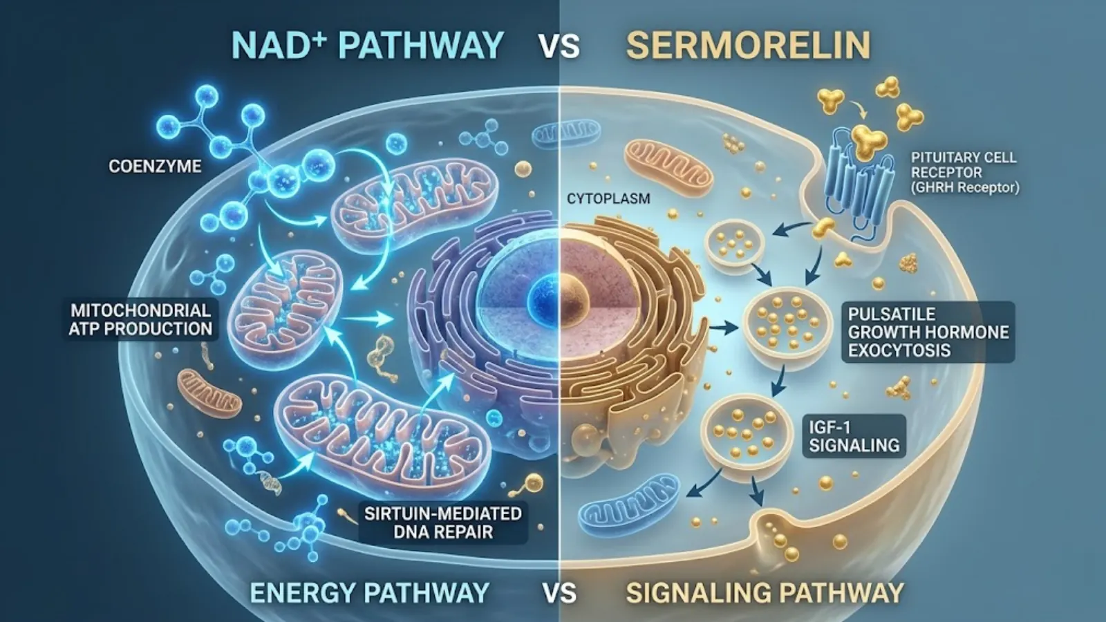 Conceptual molecular mechanism of NAD+ pathway vs Sermorelin