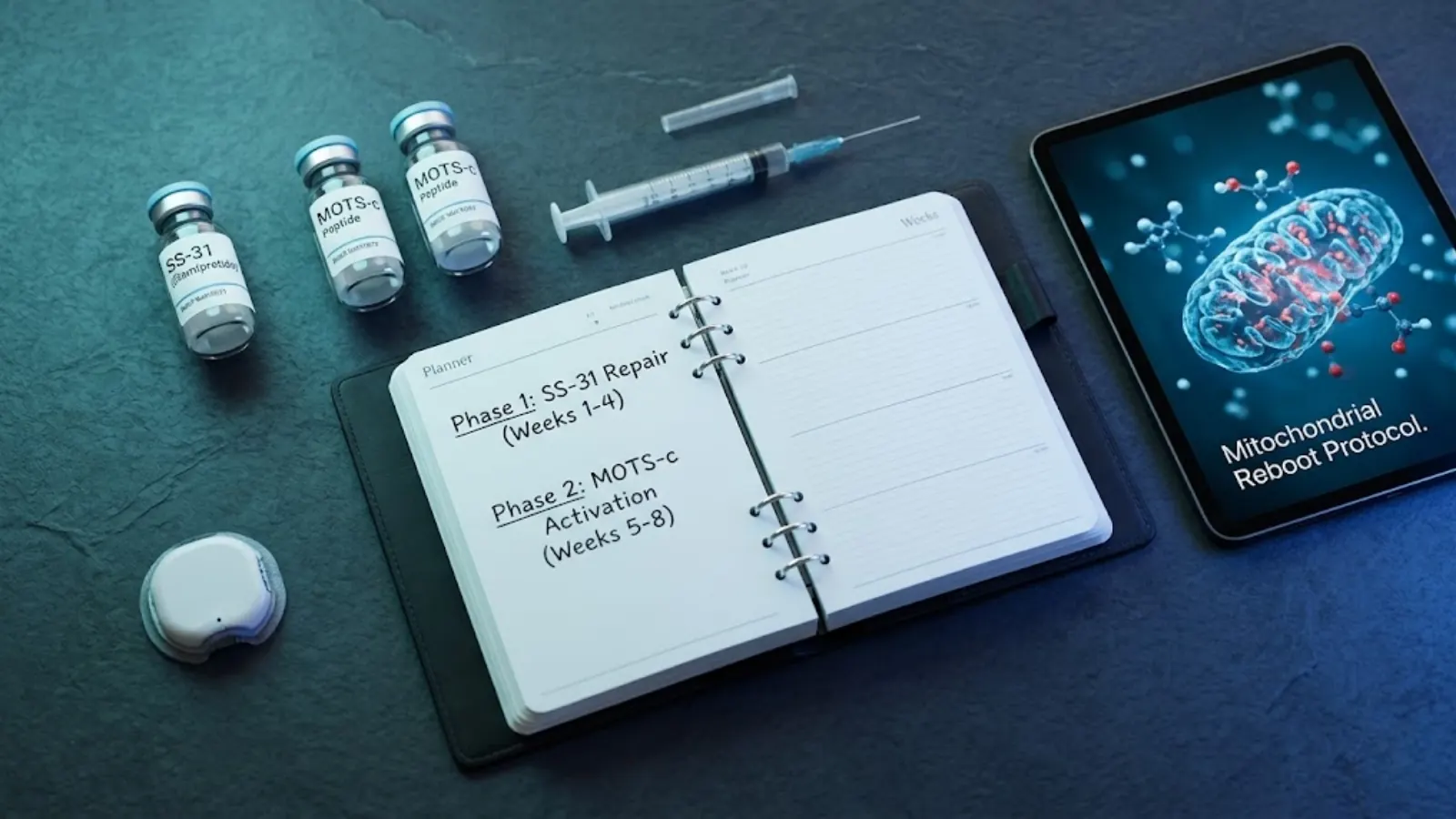Advanced biohacking mitochondrial reboot protocol laid out with planner and vials