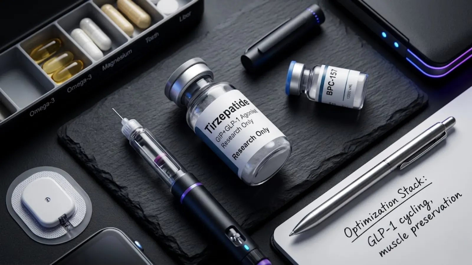 Advanced biohacking optimization flat lay with peptides
