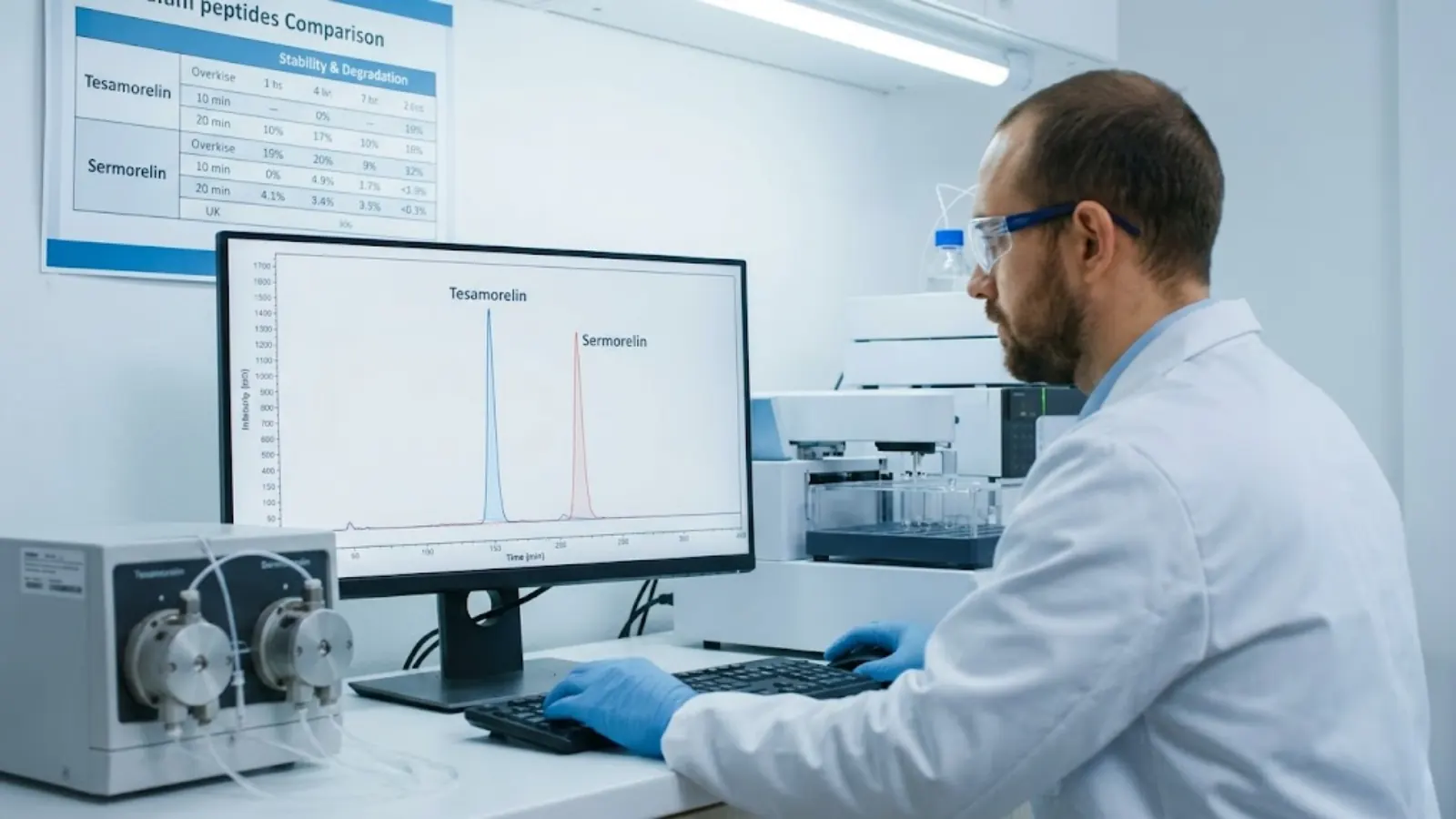 Biotech laboratory bench showing HPLC equipment and clinical graphs of peptide pharmacokinetics