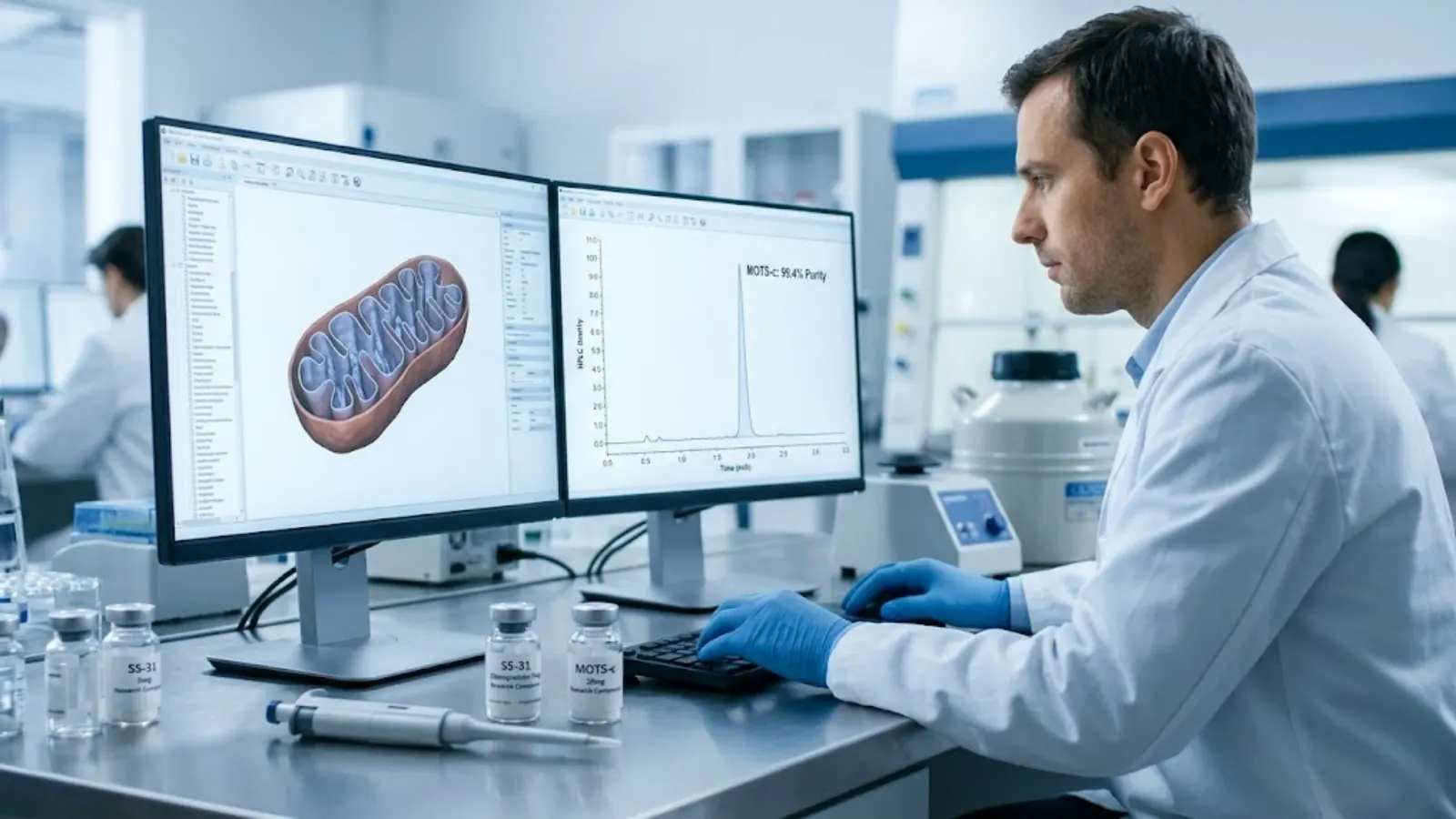 Scientist in professional laboratory analyzing peptide data