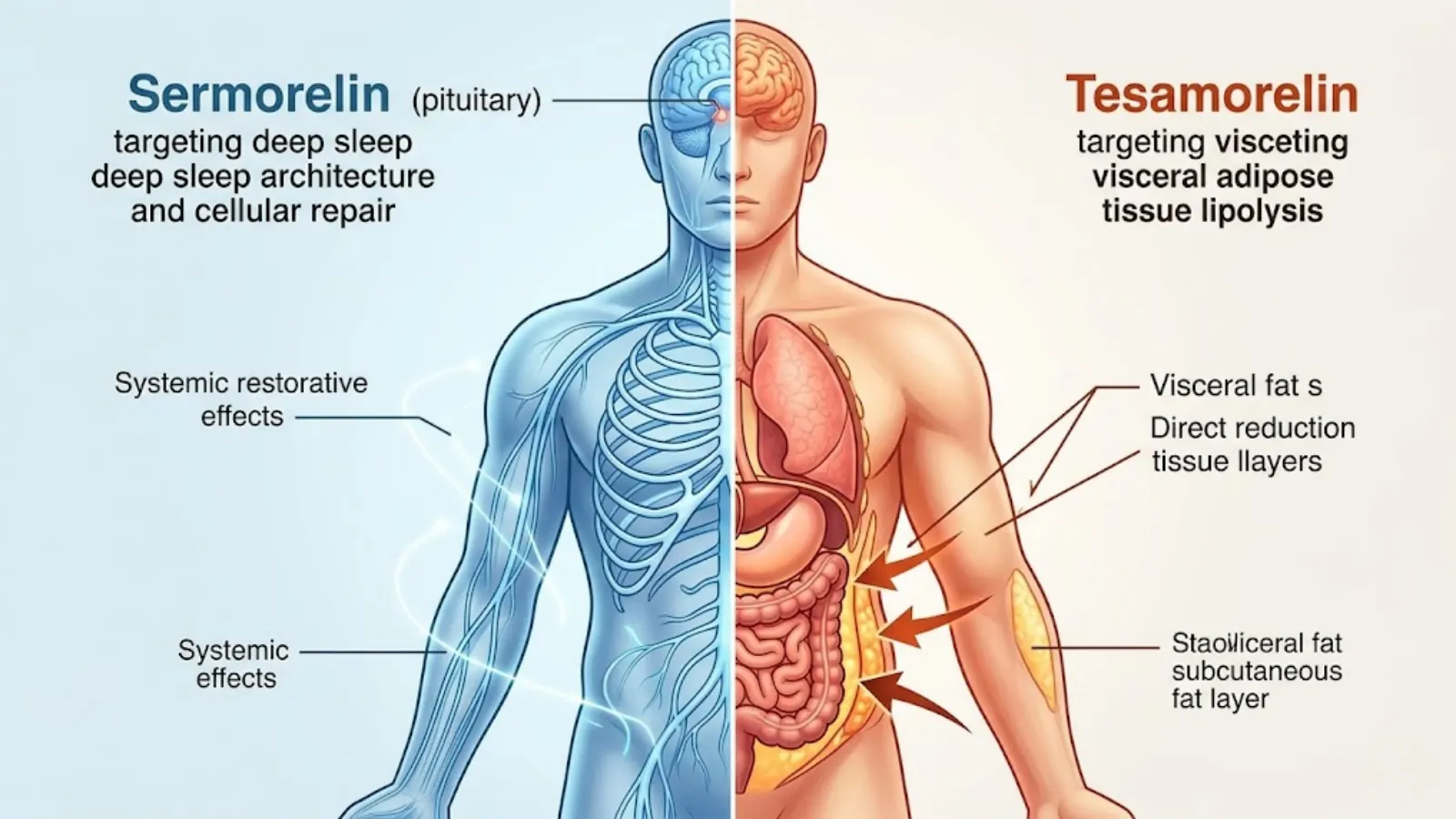 Physiological mapping graphic comparing visceral fat targeting of Tesamorelin vs systemic effects of Sermorelin