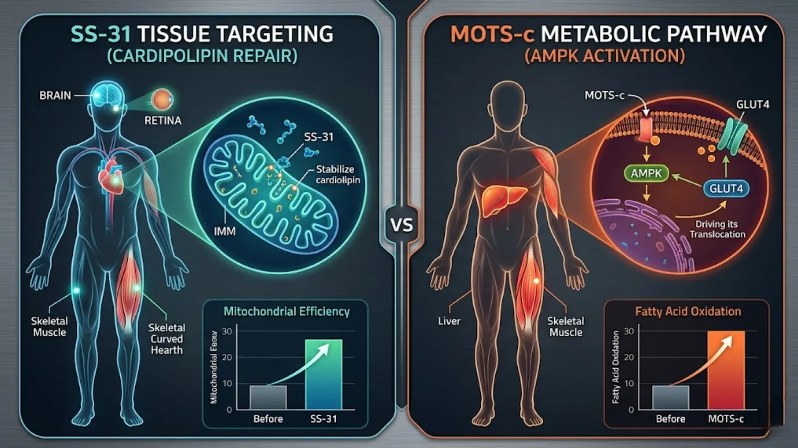 Dual infographic mapping physiological targeting of SS-31 vs MOTS-c
