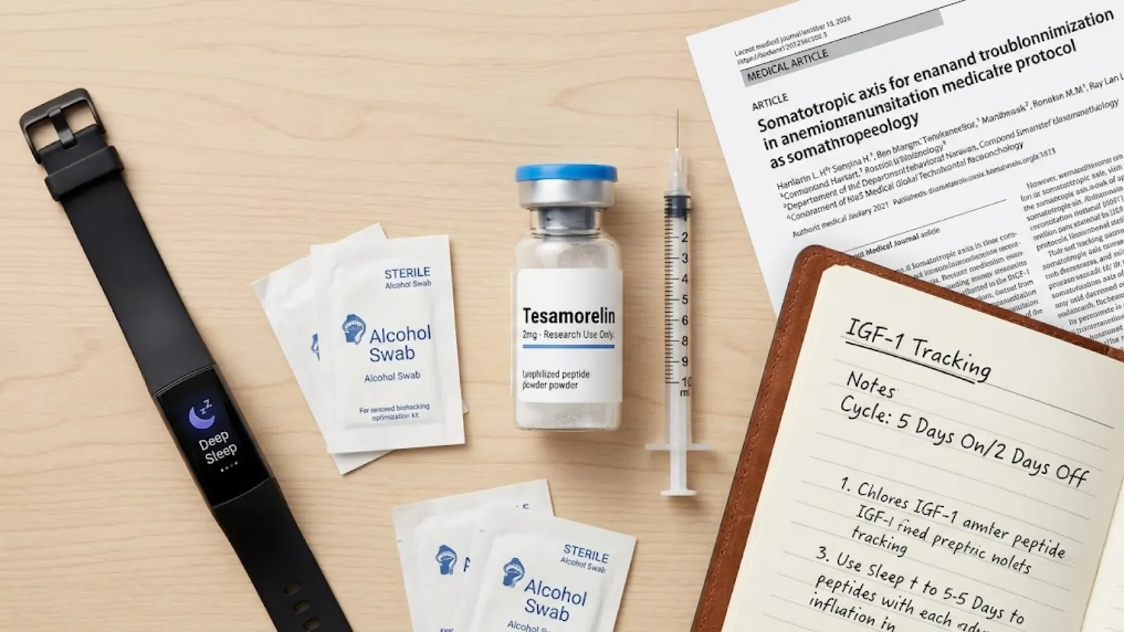 Flat lay photography of peptide vials (Tesamorelin and Sermorelin), syringes, and glucose monitor on a white medical tray