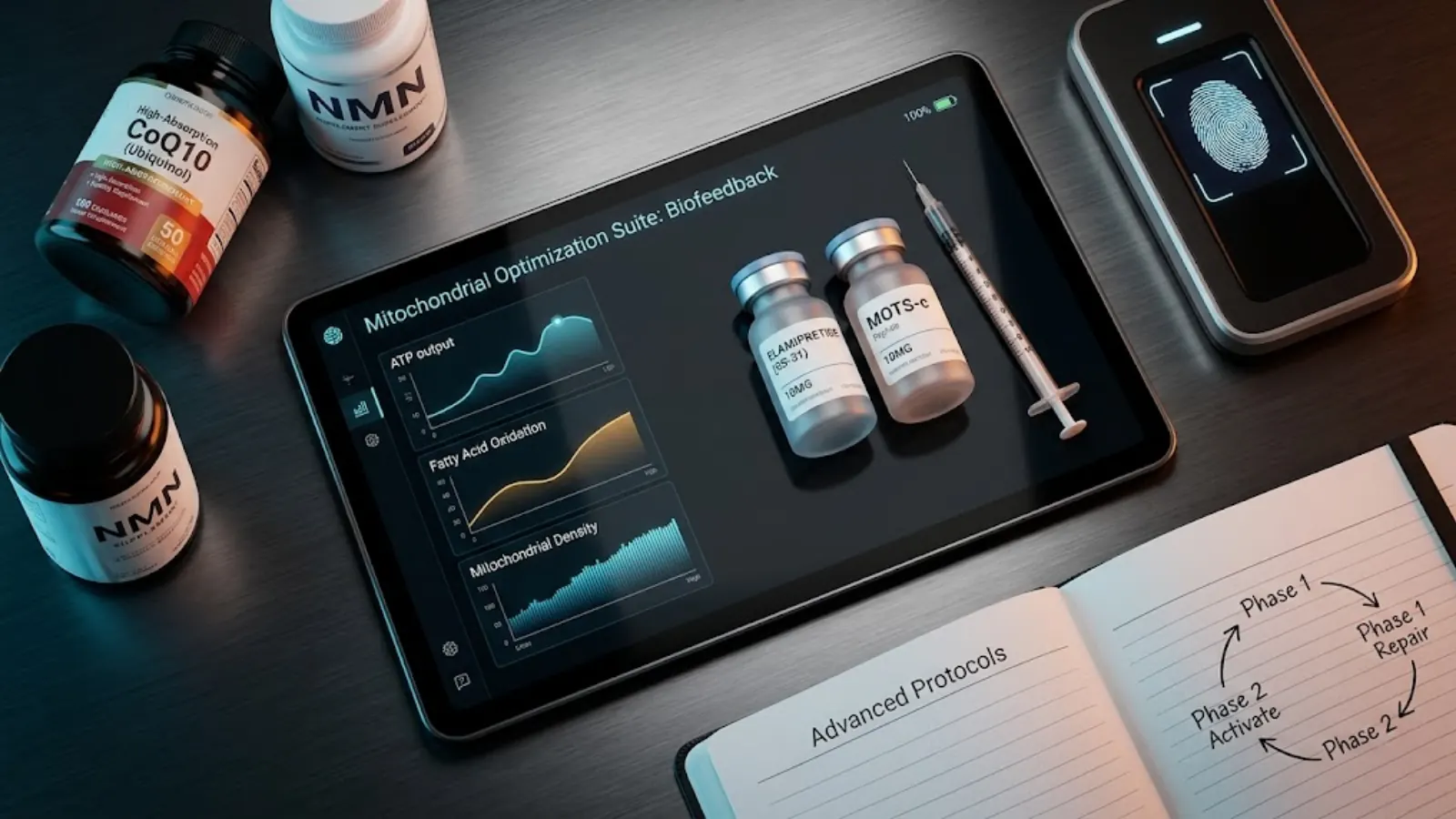 Futuristic medical flat lay illustrating mitochondrial optimization suite