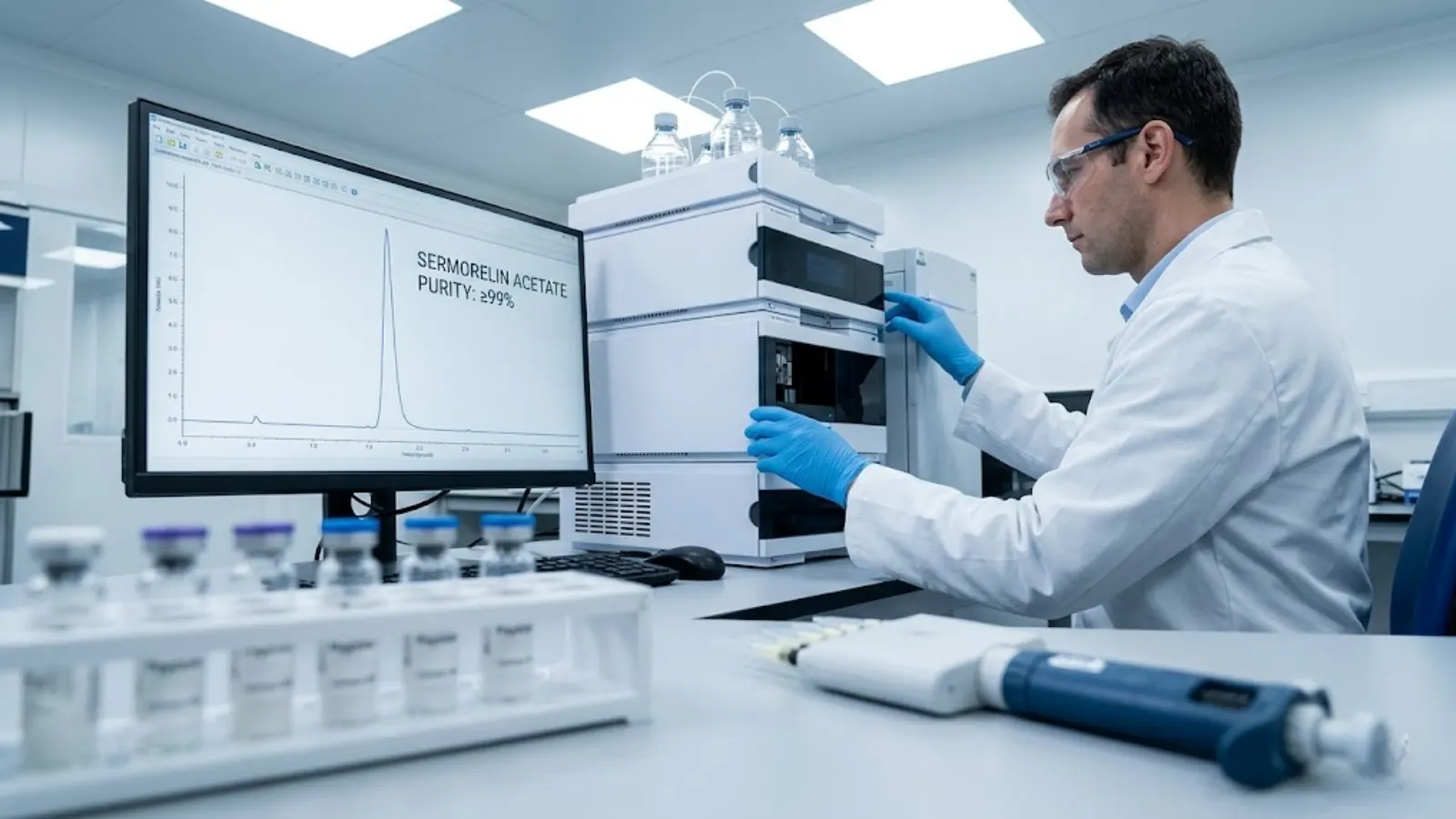 Scientist operating HPLC machine to test peptide purity
