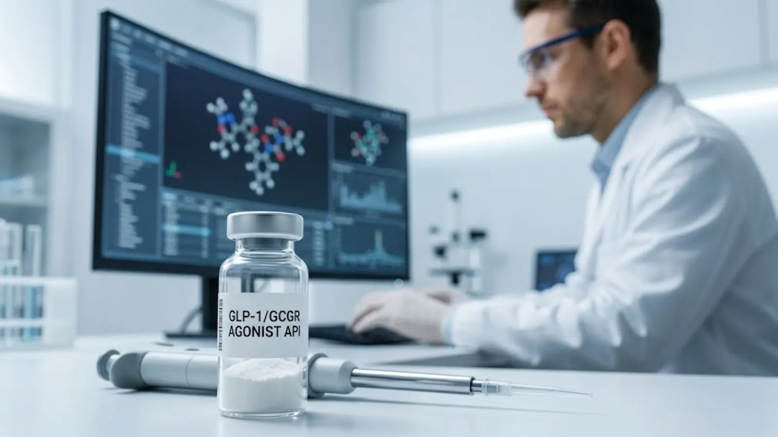 High-end laboratory setting focusing on a generic vial labeled GLP-1/GCGR AGONIST API.