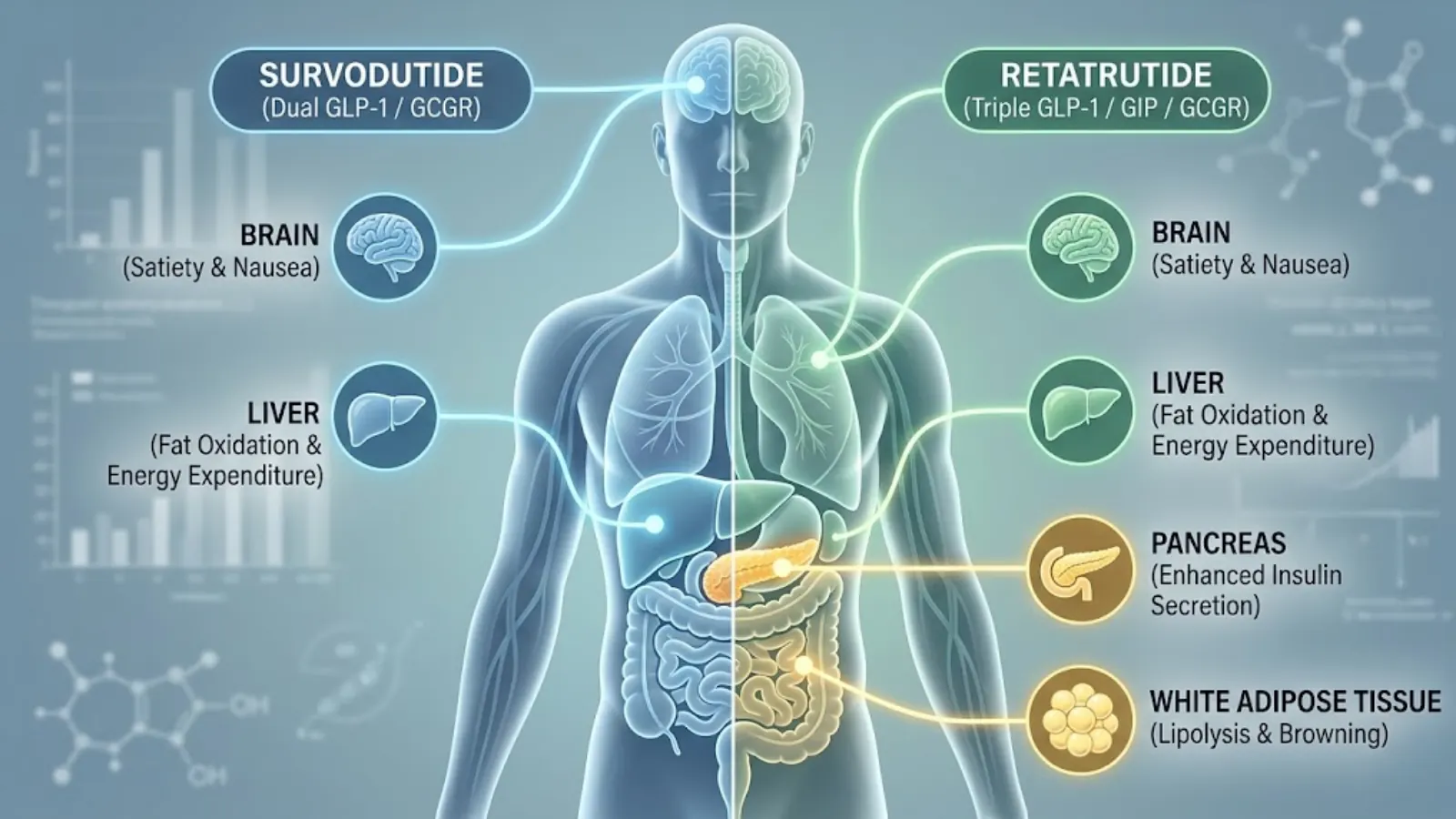 Physiological Targeting Map comparing Survodutide (Liver) and Retatrutide (Whole Body Adipose)