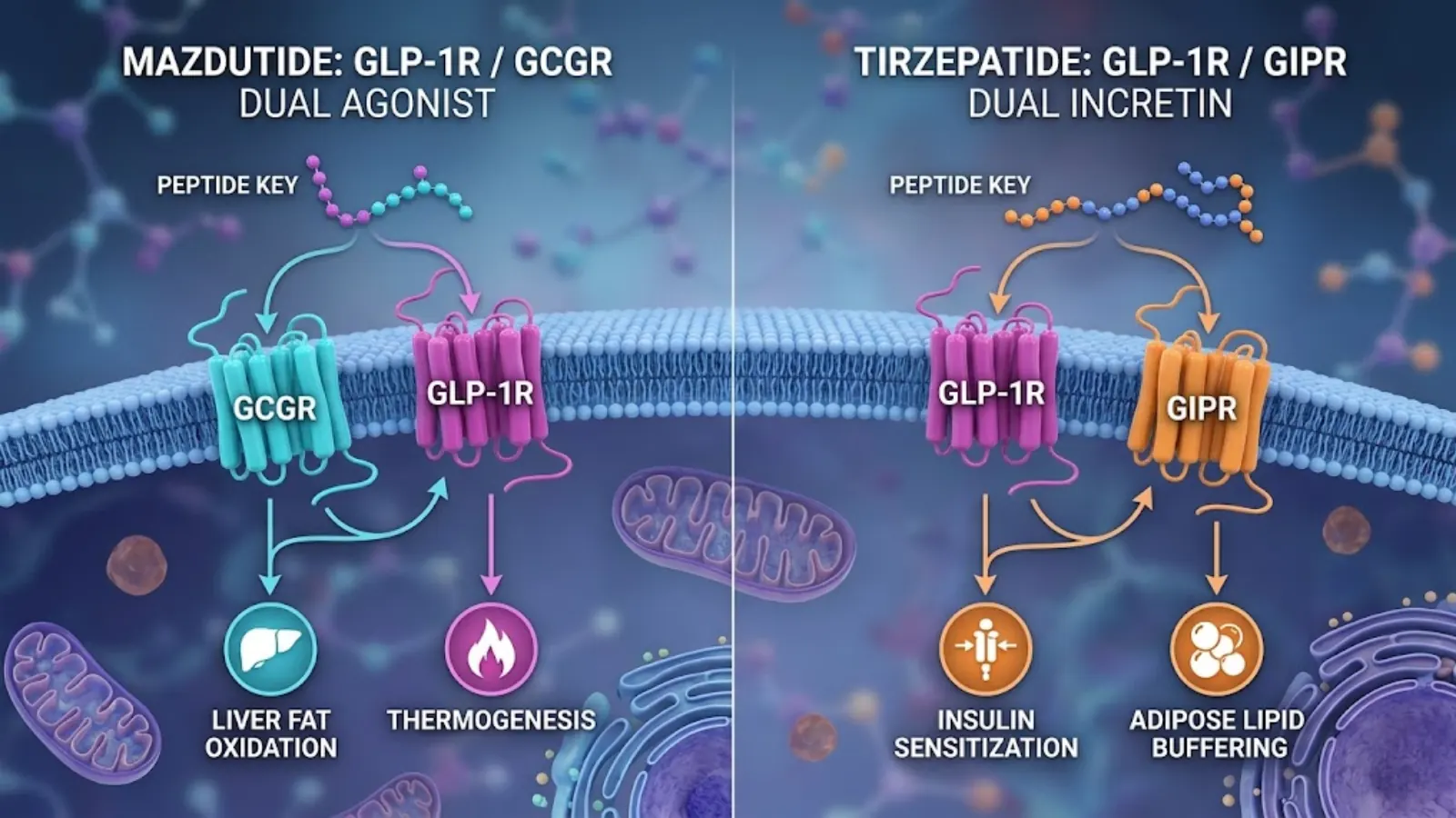 3D visualization of GLP-1, GIP, and GCGR receptor binding and signaling pathways