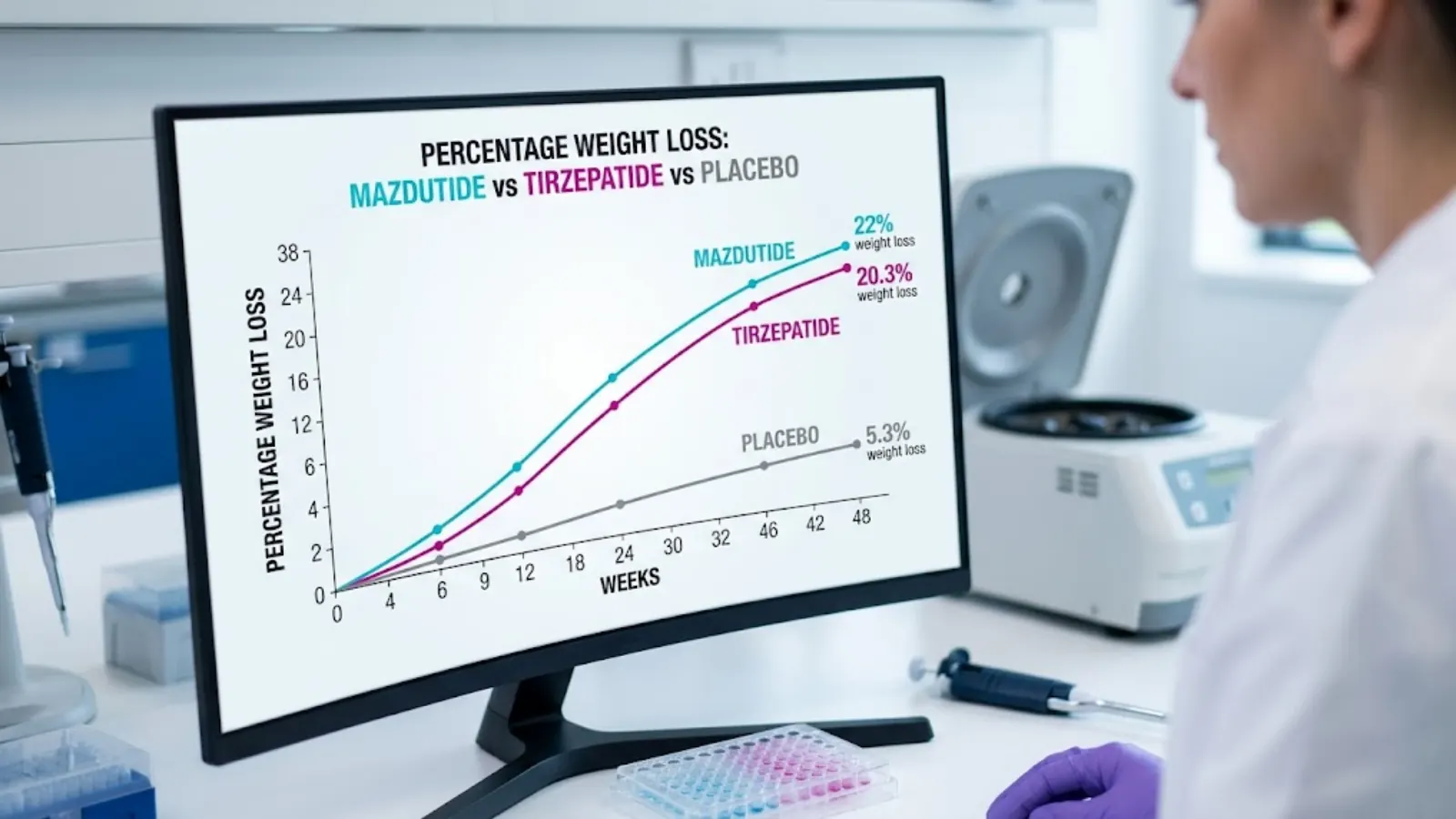 A high-resolution laboratory monitor displaying complex statistical graphs comparing liver fat reduction