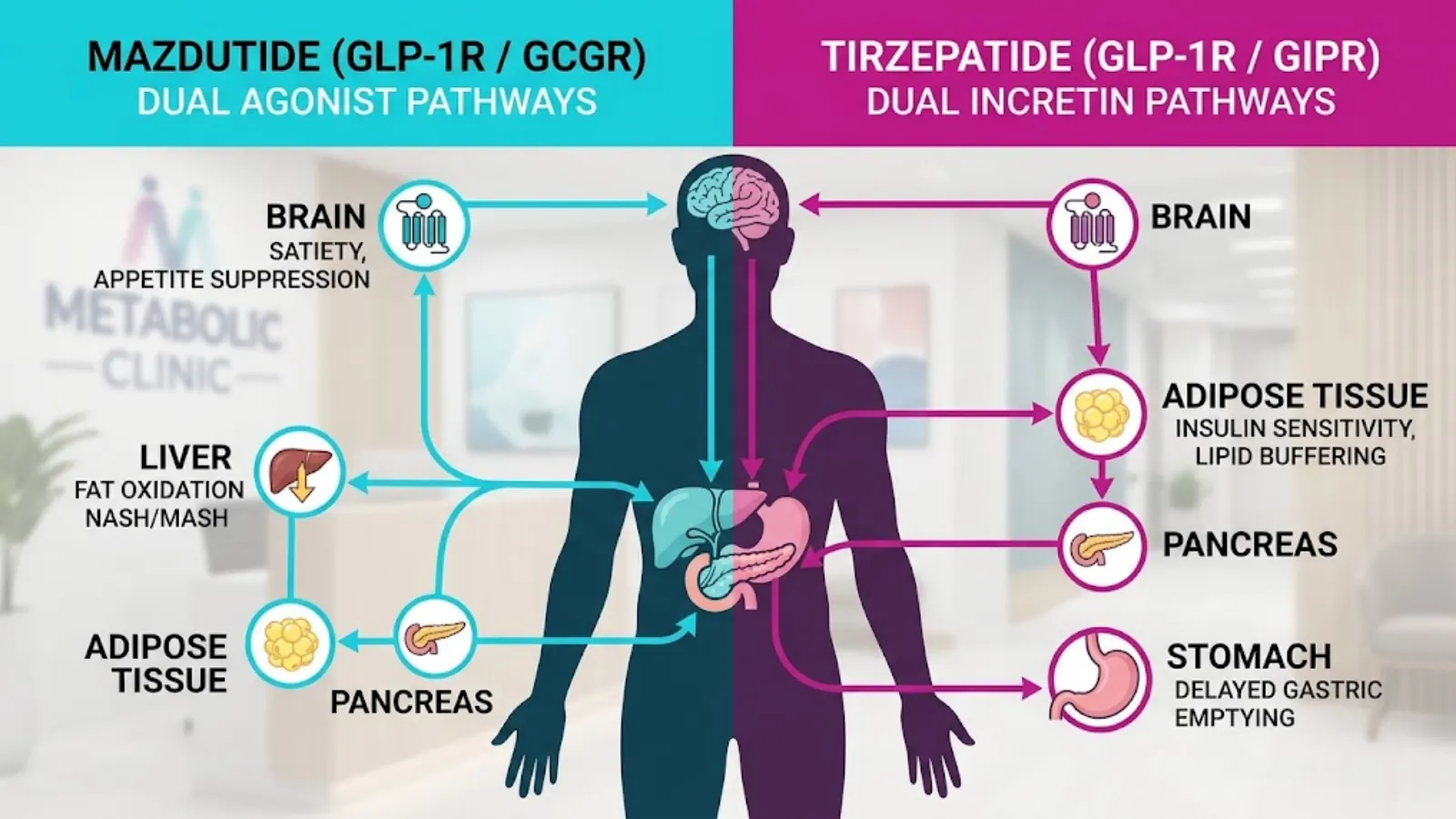 Infographic comparing tissue targeting of Tirzepatide (Brain/Pancreas) vs Mazdutide (Brain/Liver/Brown Fat)