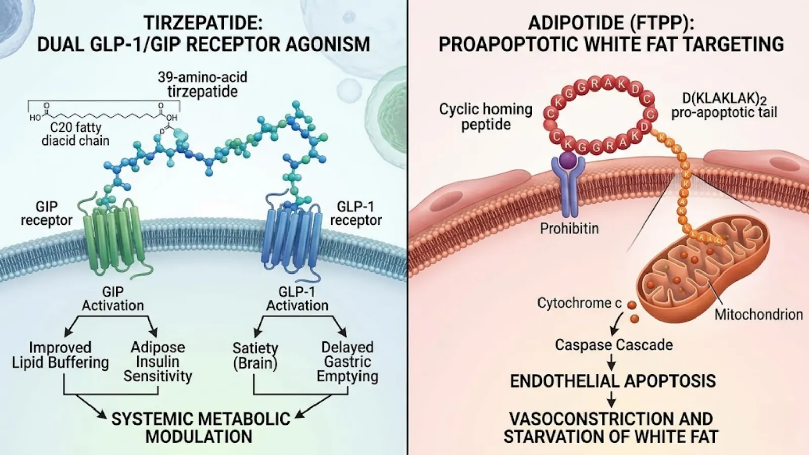 Conceptual molecular mechanism of Tirzepatide vs Adipotide
