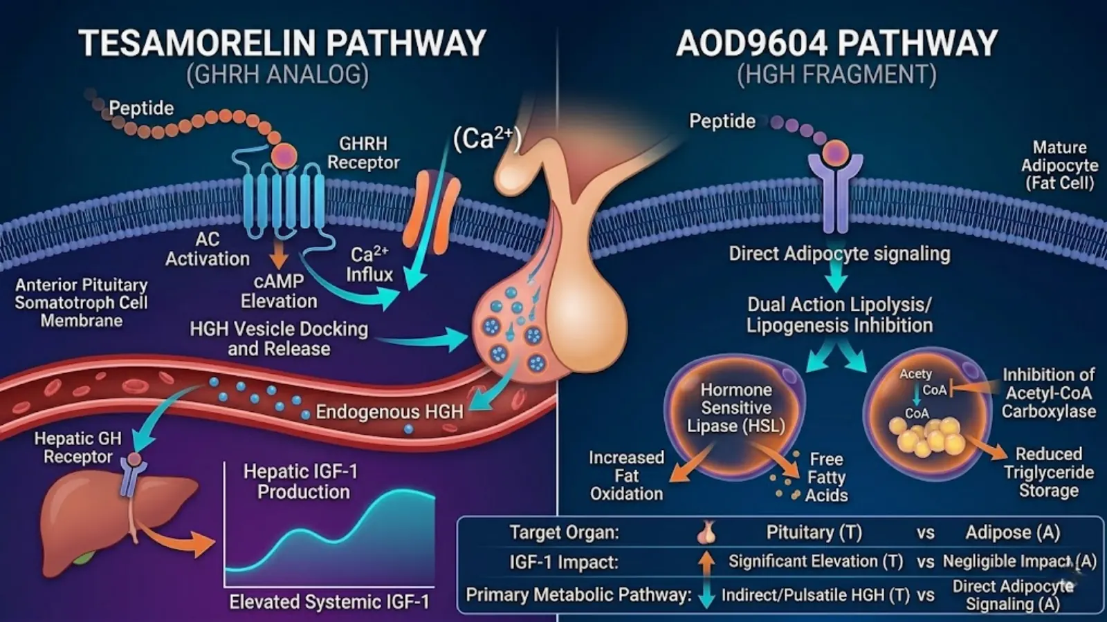 Molecular mechanism illustration of Tesamorelin and AOD9604
