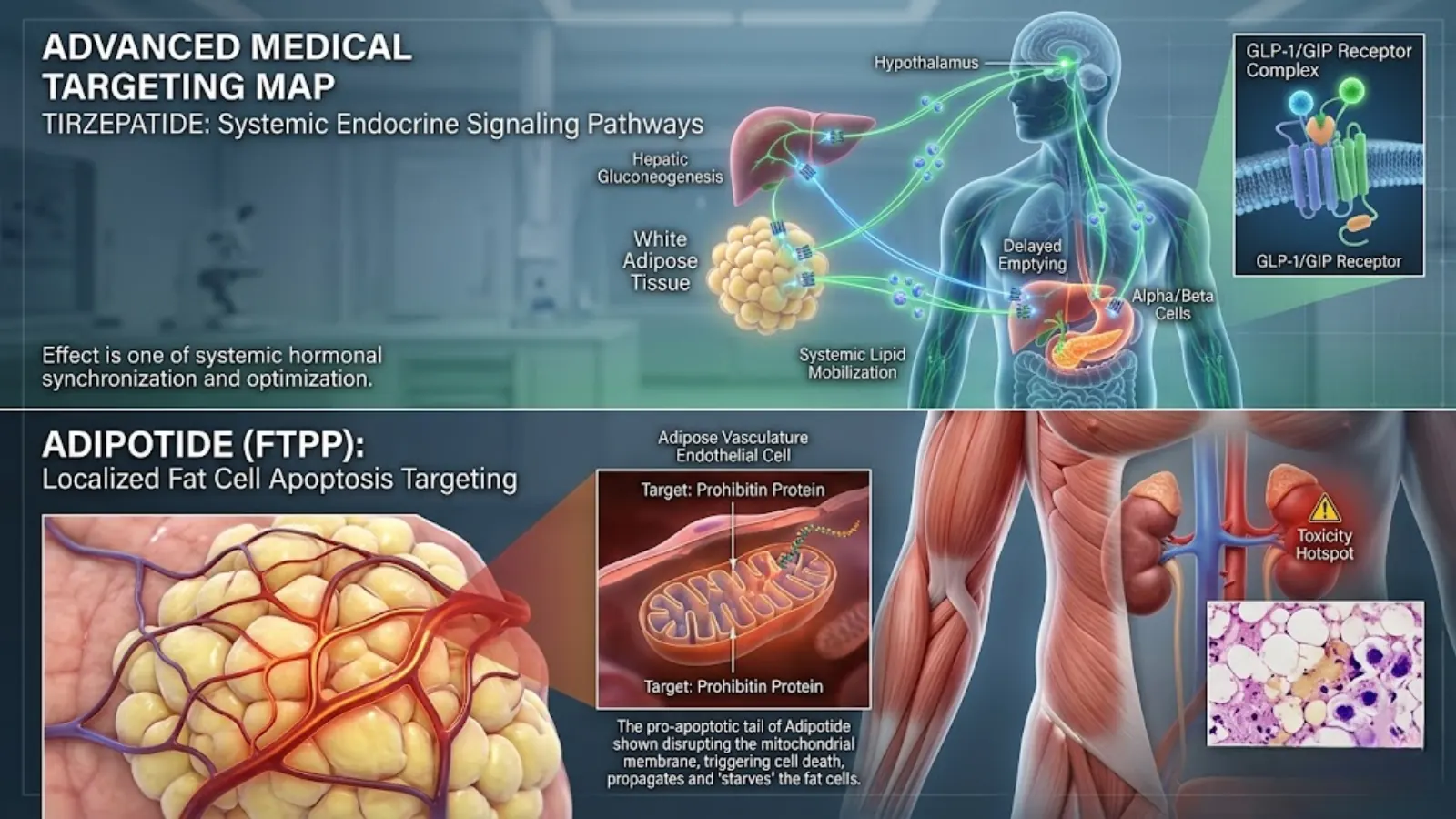 Physiological Targeting Map of Tirzepatide and Adipotide