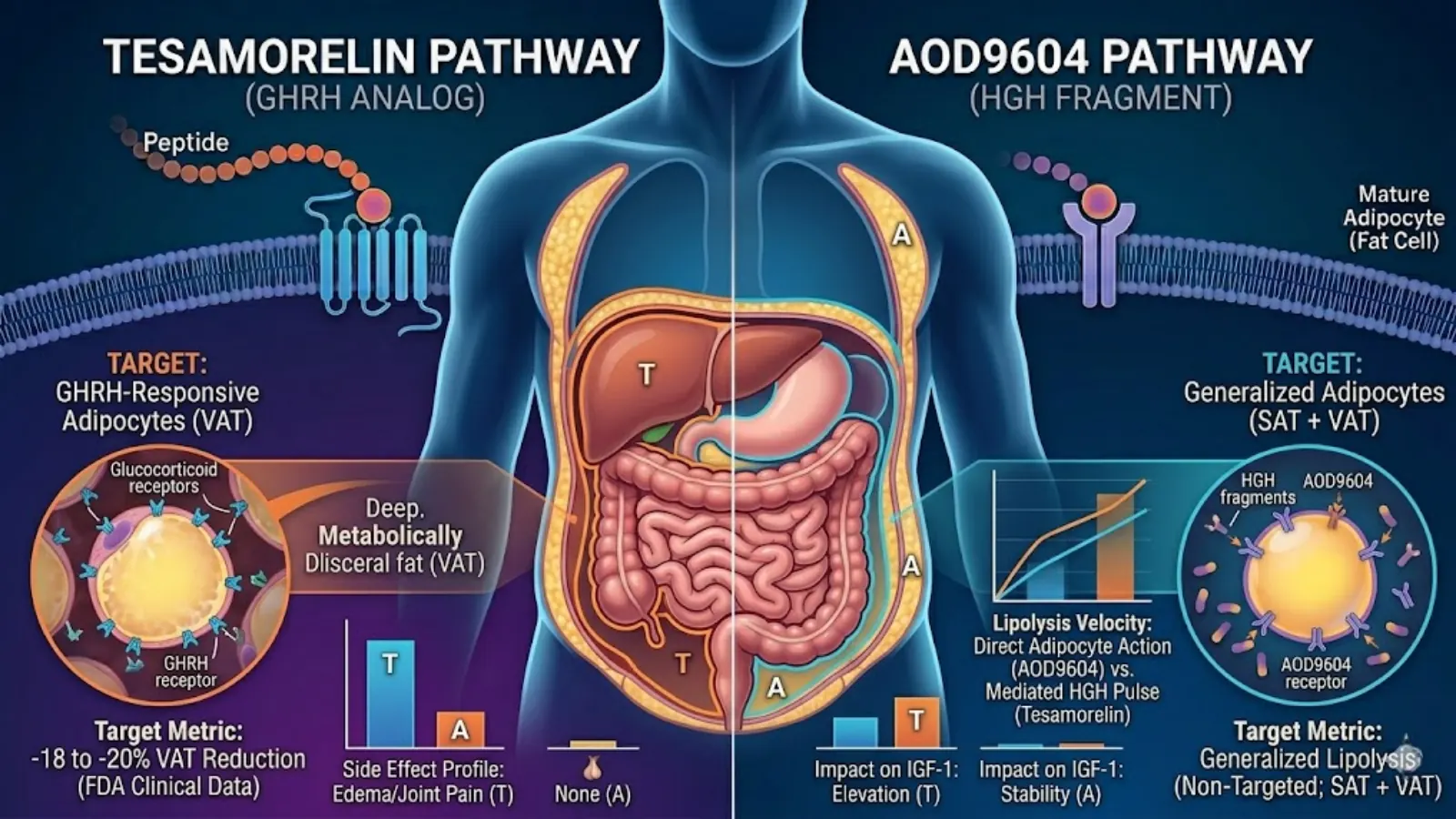 Physiological targeting map comparison: Tesamorelin VAT vs AOD9604 SAT