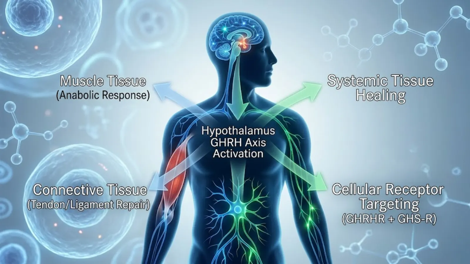 Physiological map illustrating specific tissue and metabolic pathways activated by GHRH peptides