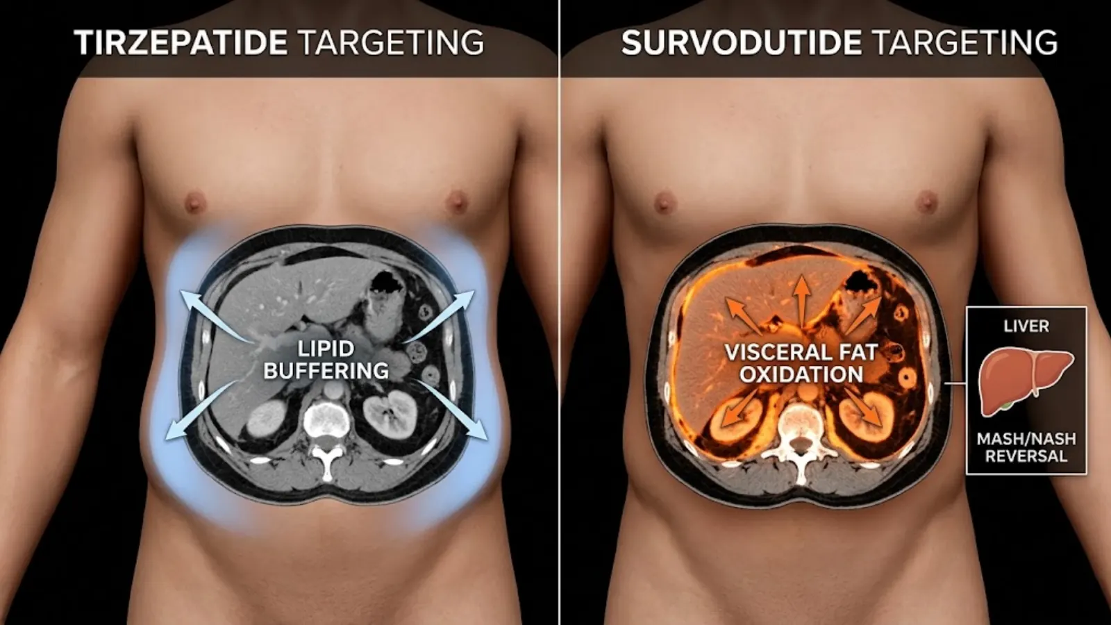 Physiological Targeting Map comparing Tirzepatide subcutaneous buffering vs Survodutide visceral fat oxidation.