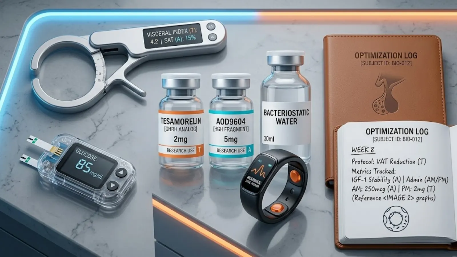 Biohacking flat lay with peptide vials and optimization tools