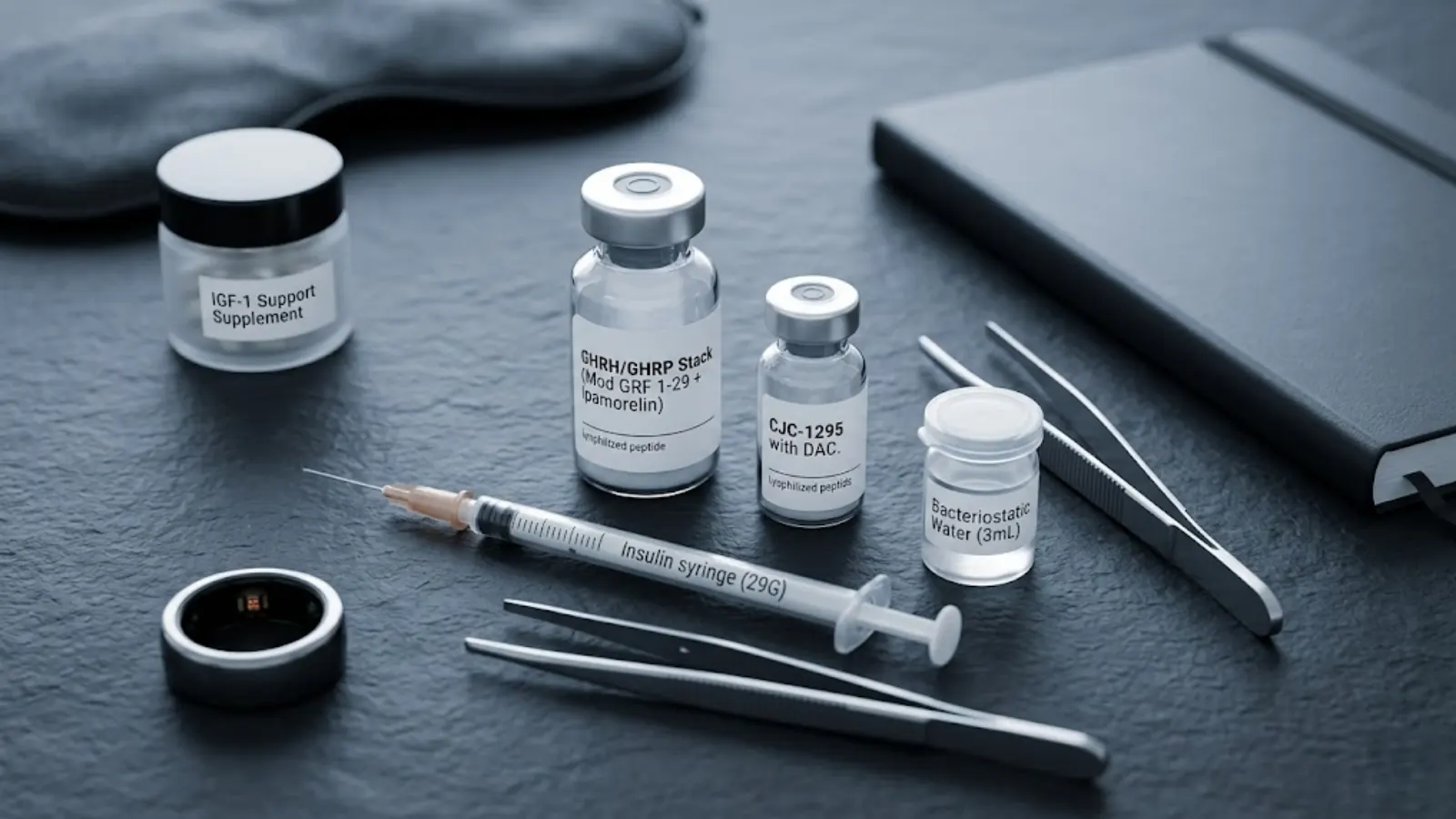 Advanced biohacking flat lay with CJC-1295 and Ipamorelin peptide vials