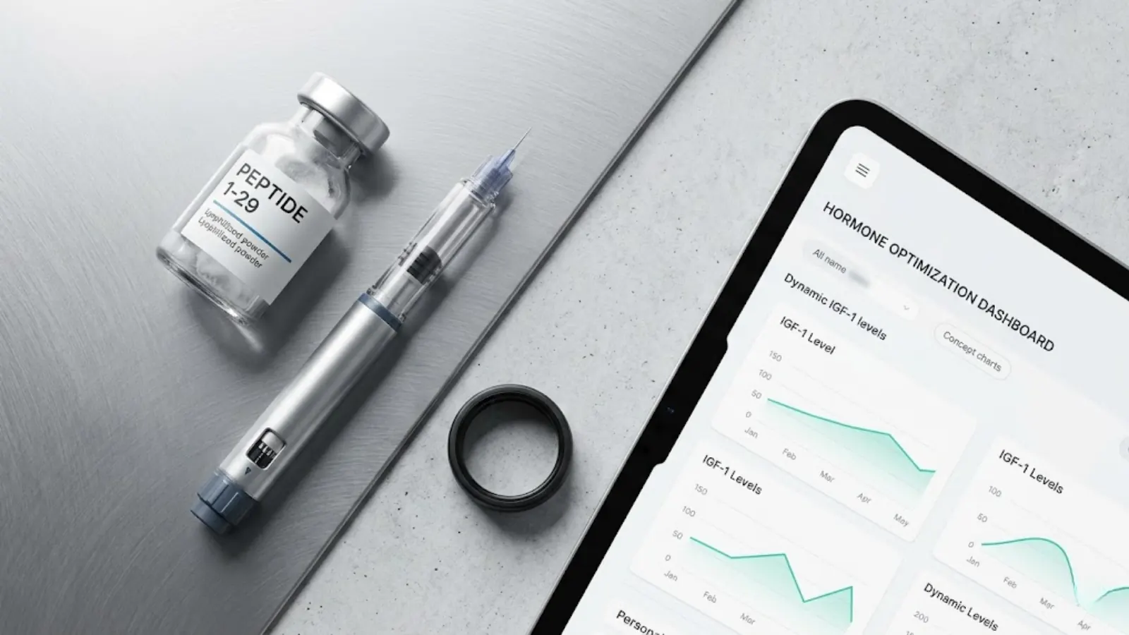 Advanced biohacking medical optimization flat lay showing peptide vials and hormone dashboard
