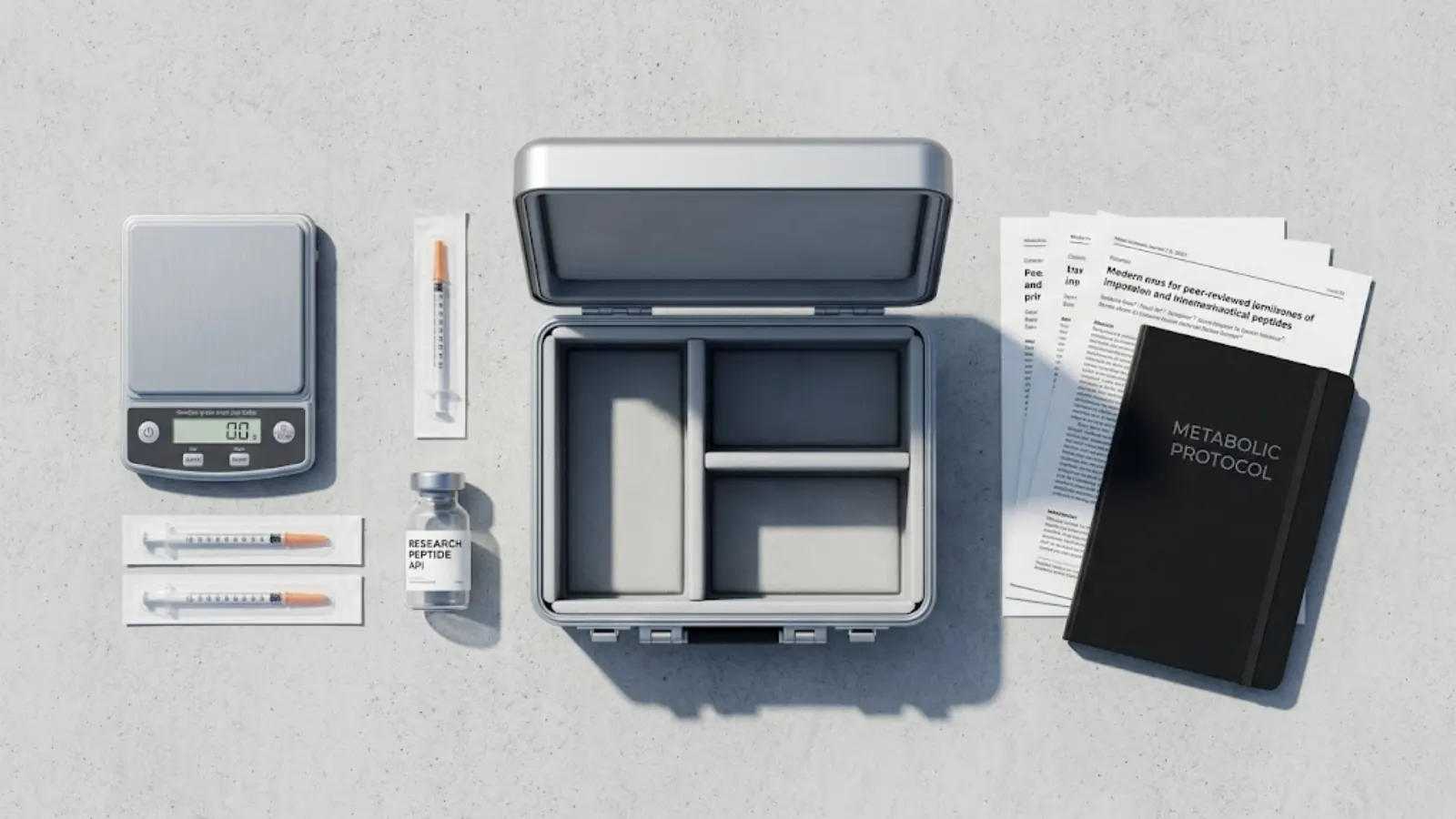 Advanced Biohacking flat lay layout with medical protocol notebook, scale, and peptide vials.