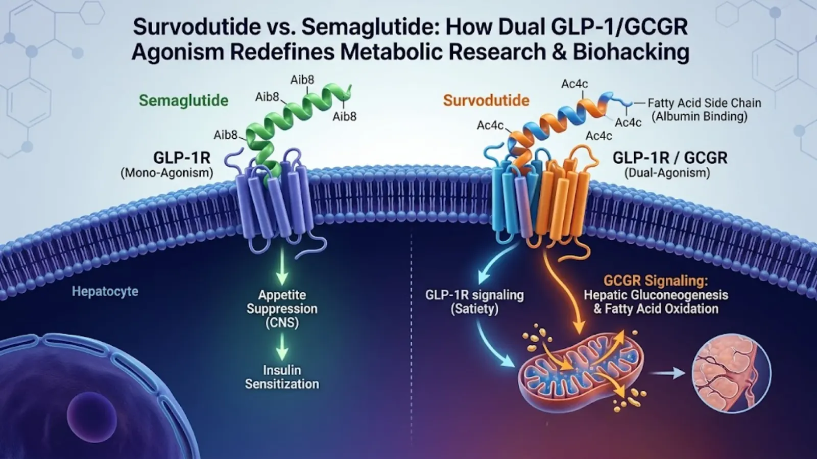 Conceptual molecular mechanism of Survodutide vs Semaglutide