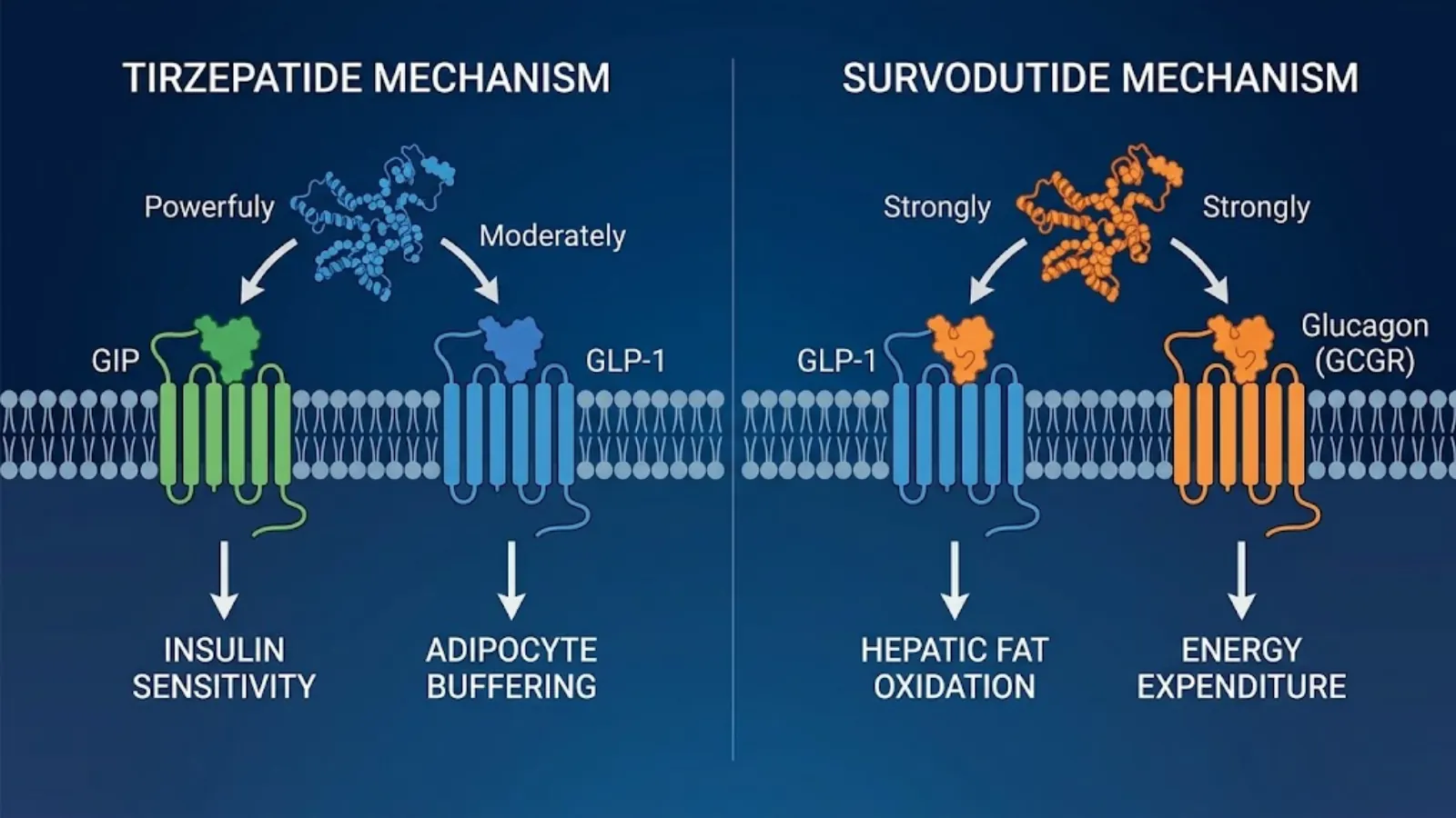 Conceptual molecular mechanism comparison of Tirzepatide and Survodutide receptor activation.
