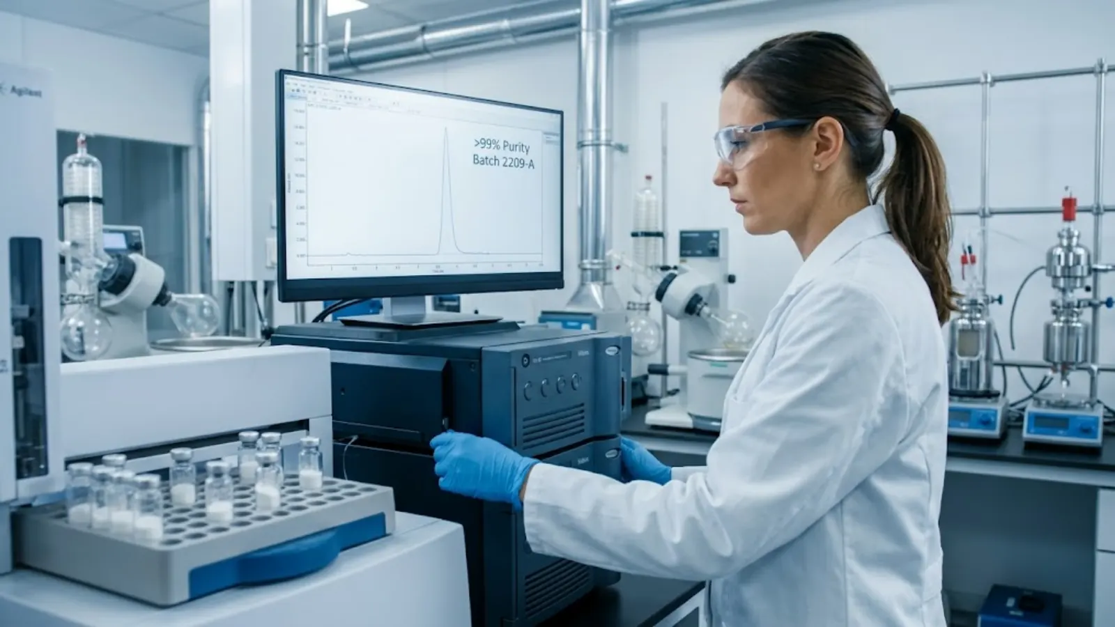 Biochemist operating a High-Performance Liquid Chromatography (HPLC) system verifying peptide purity.