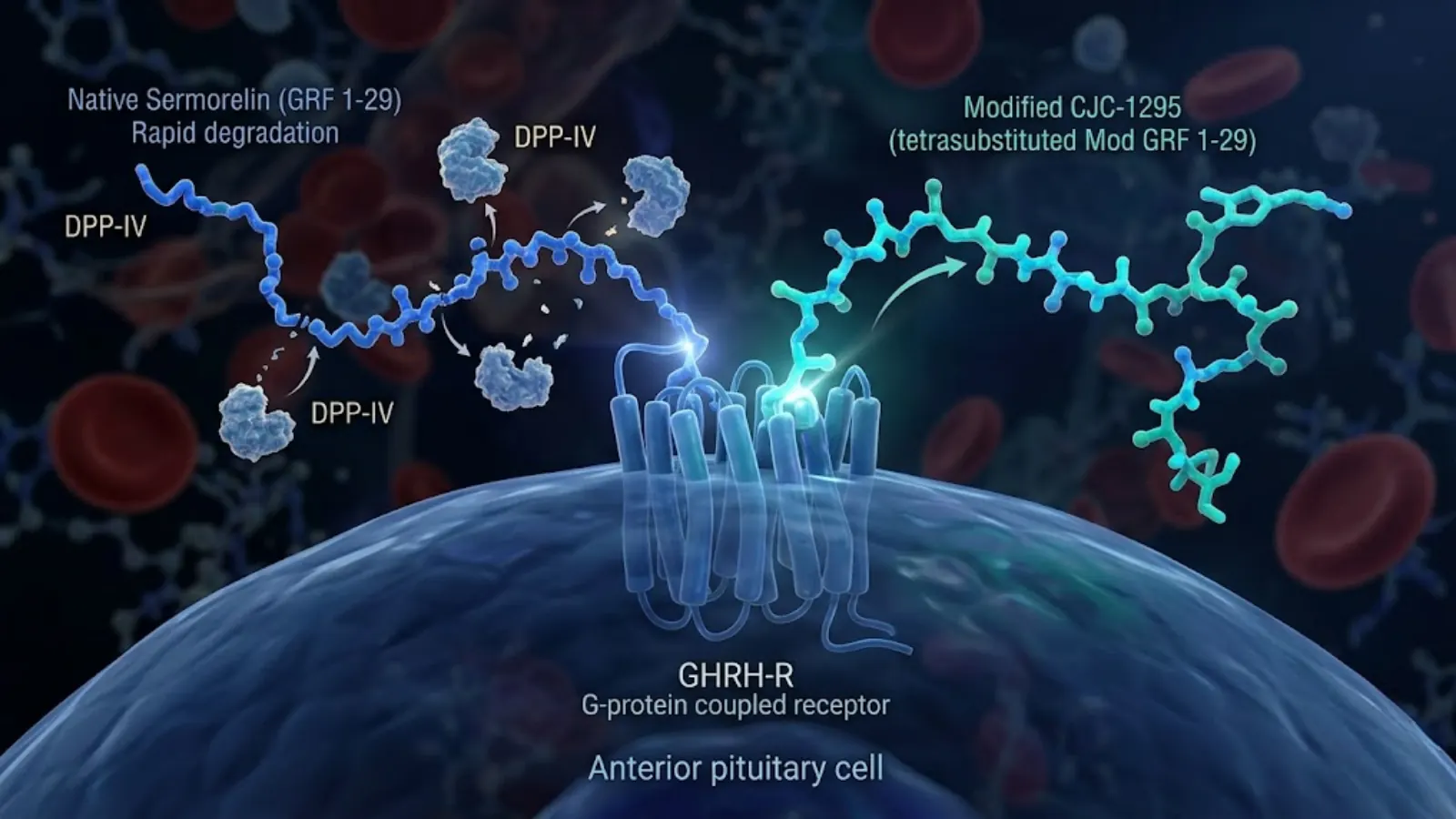 Conceptual molecular mechanism of Sermorelin vs CJC-1295 resistance to DPP-IV enzymes