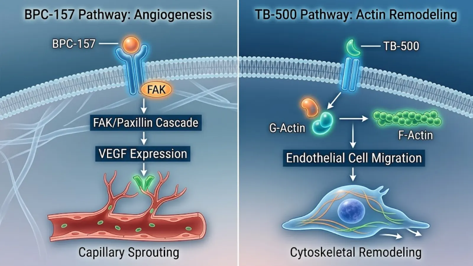 Conceptual molecular mechanism comparing TB-500 and BPC-157