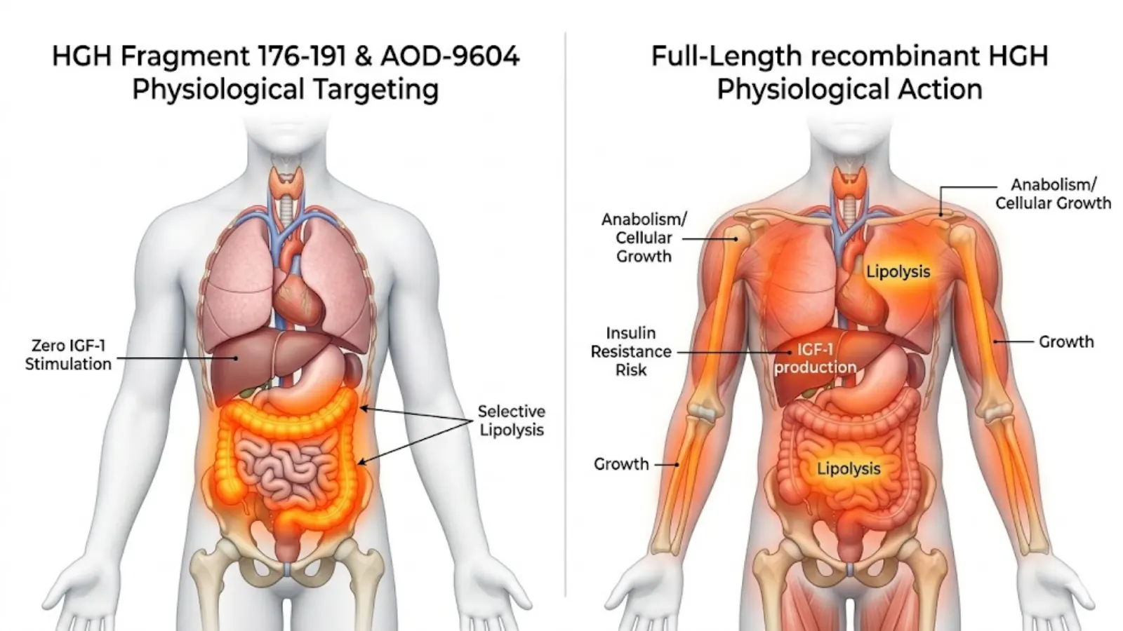 Medical infographic comparing the localized physiological targeting of fragments versus systemic full-length HGH.
