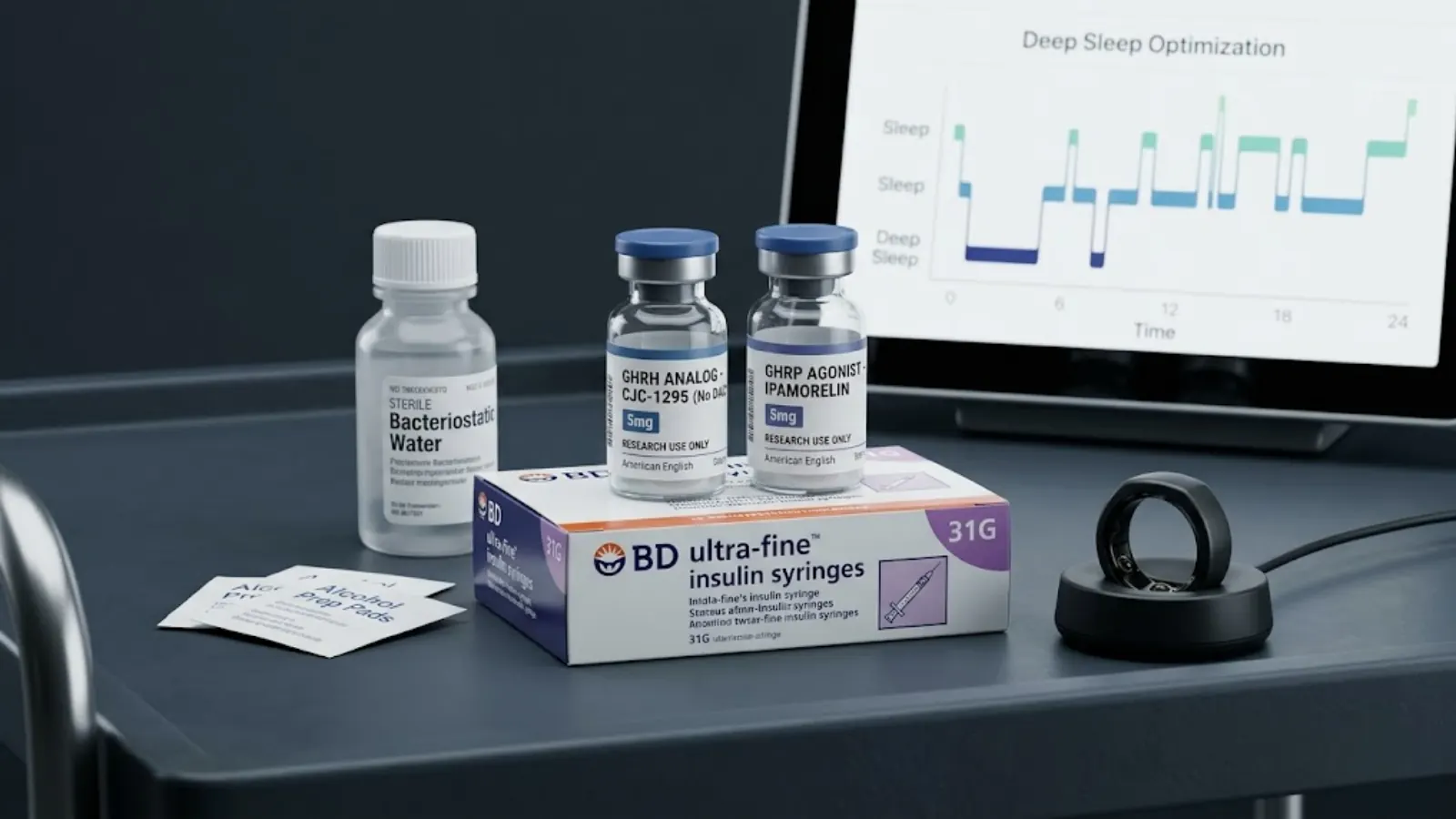 Clinical flat lay of GHRH peptide optimization protocol supplies