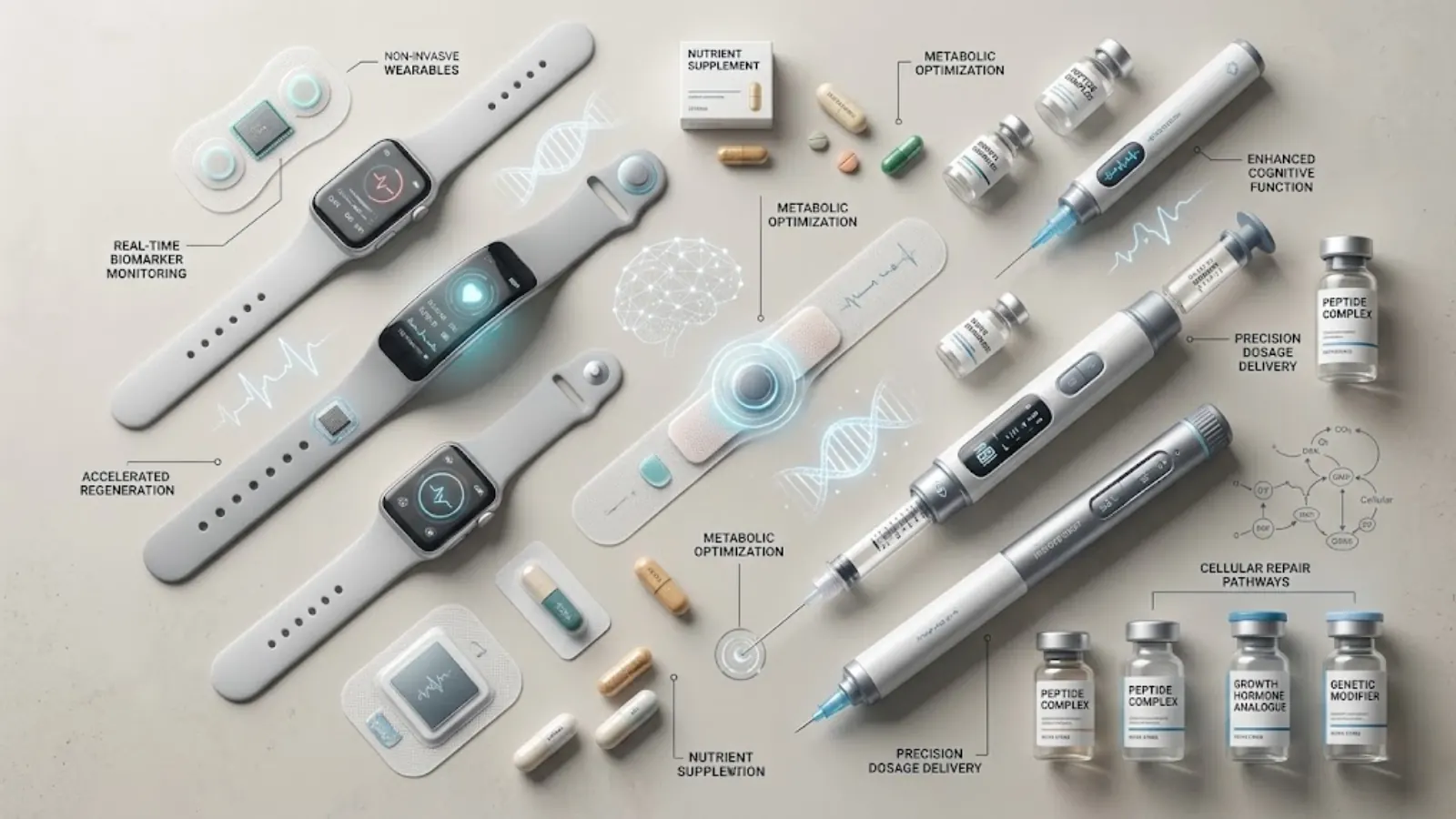 Advanced biohacking medical optimization flat lay