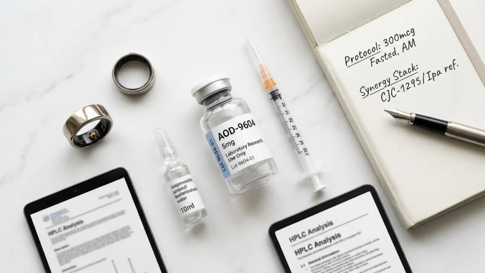 Curated flat lay of a peptide research protocol, showing an AOD-9604 vial, journal, and biometric tracking.