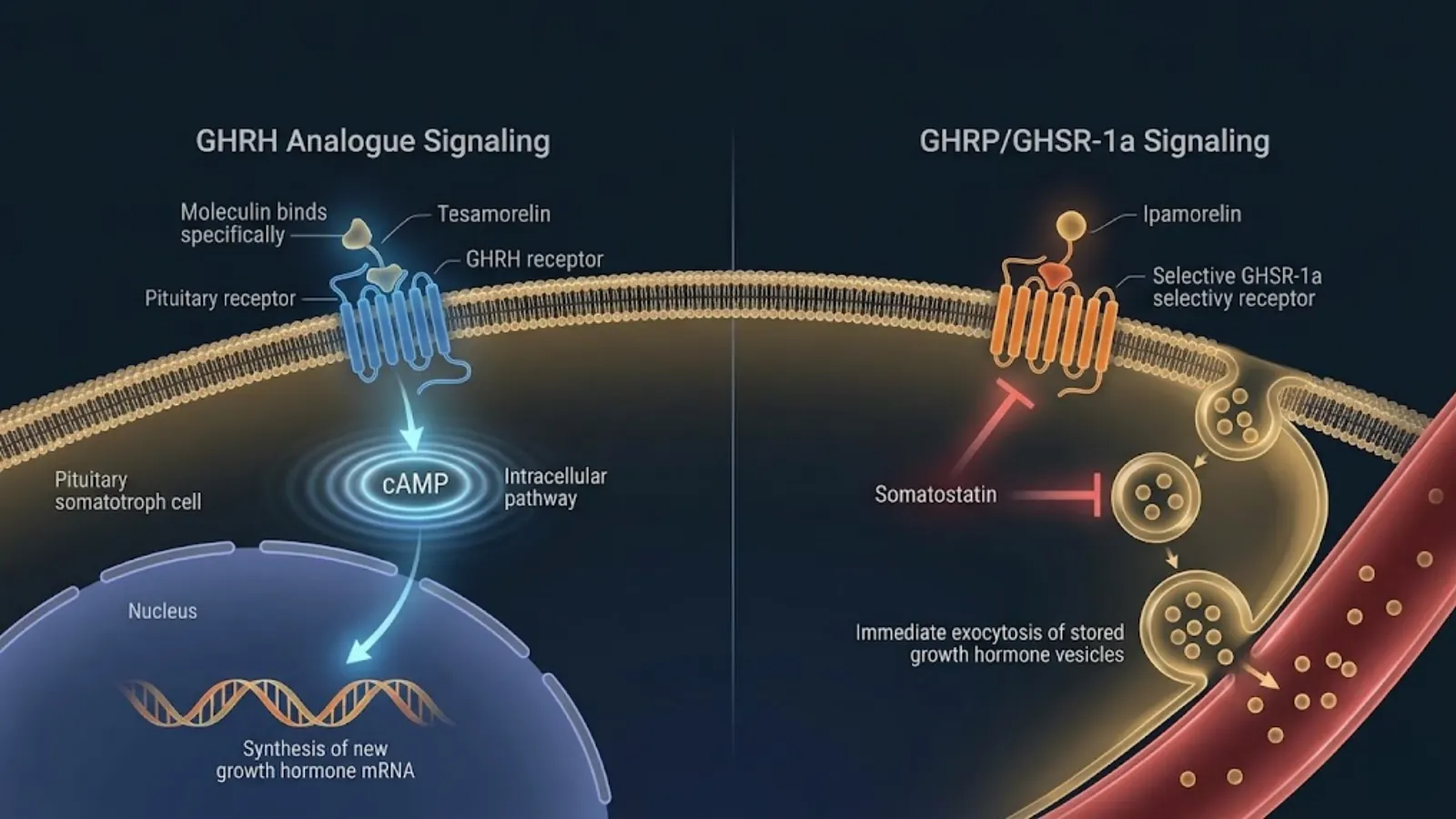 Clinical diagram showing Tesamorelin GHRH vs Ipamorelin GHRP pathways in the pituitary