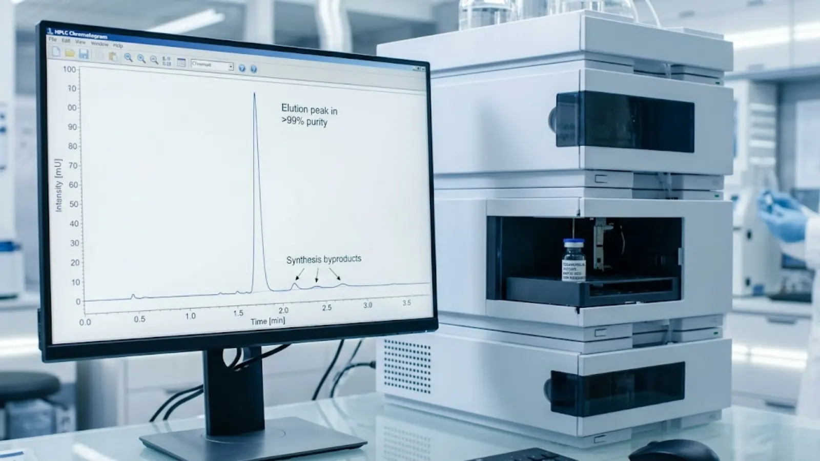 State-of-the-art biotech lab monitor displaying a flawless HPLC purity chromatogram for peptides