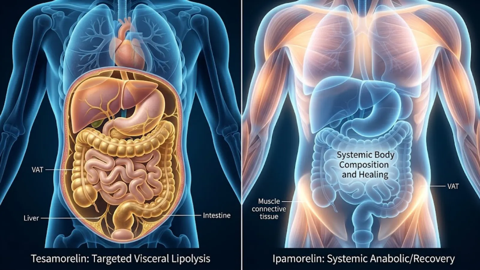 Physiological map visualizing Tesamorelin targeting visceral fat vs Ipamorelin's systemic effects