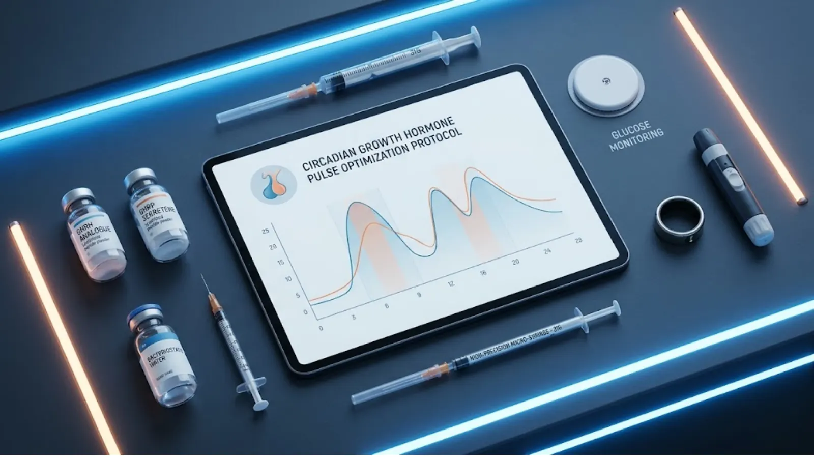 Futuristic clinical flat-lay showing biohacking tools, GHRH/GHRP vials, glucose monitor, and circadian optimization graph