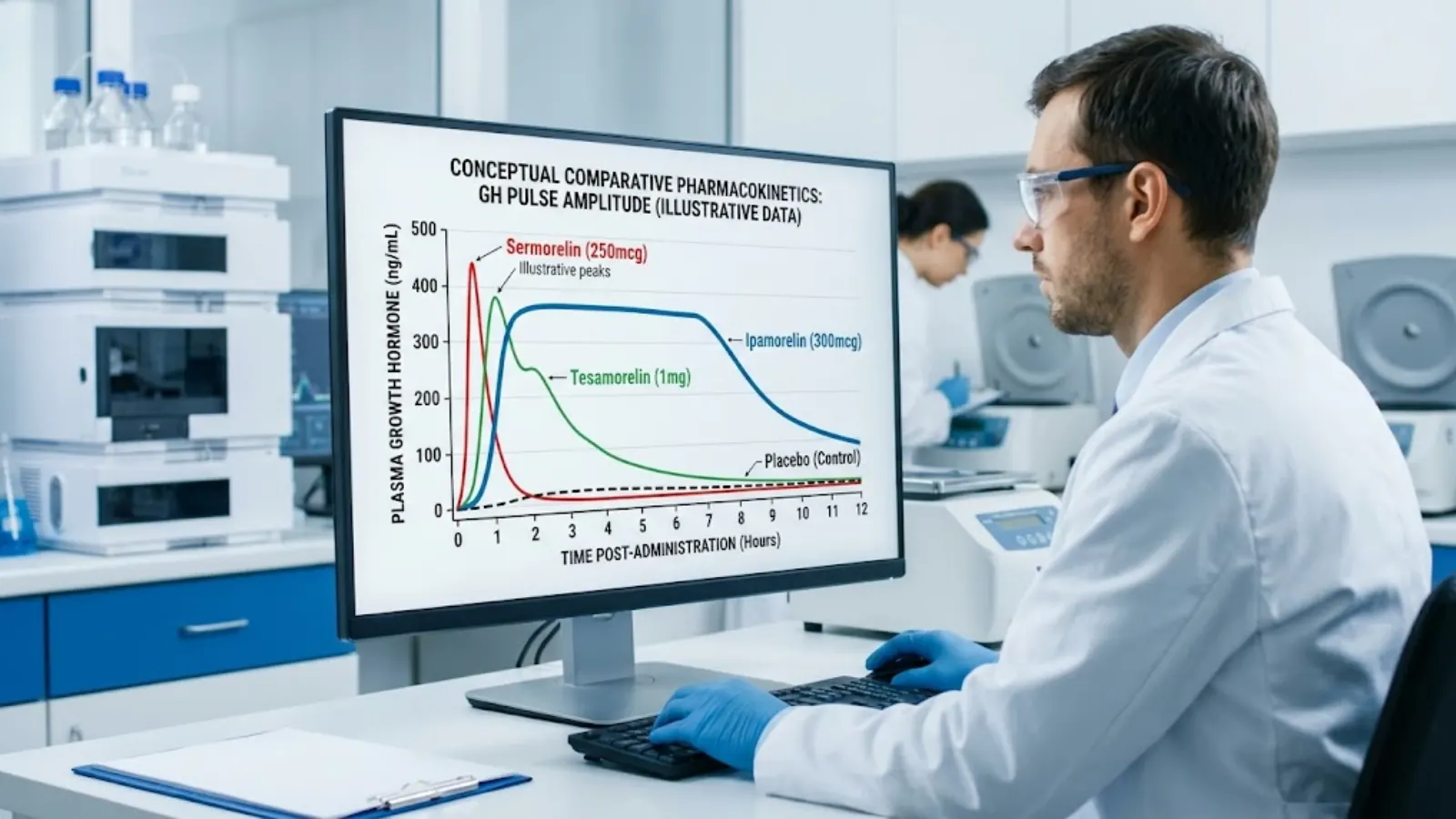 Clinical laboratory setting showing data visualization on a monitor, illustrating pulse amplitude differences.