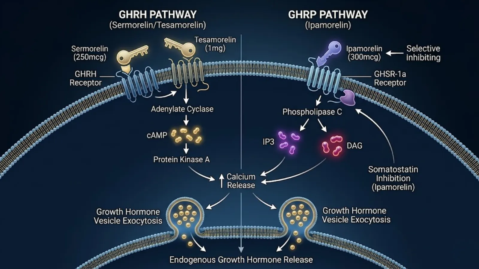 Conceptual molecular mechanism visualizing distinct cellular pathways for GHRH and GHRP.