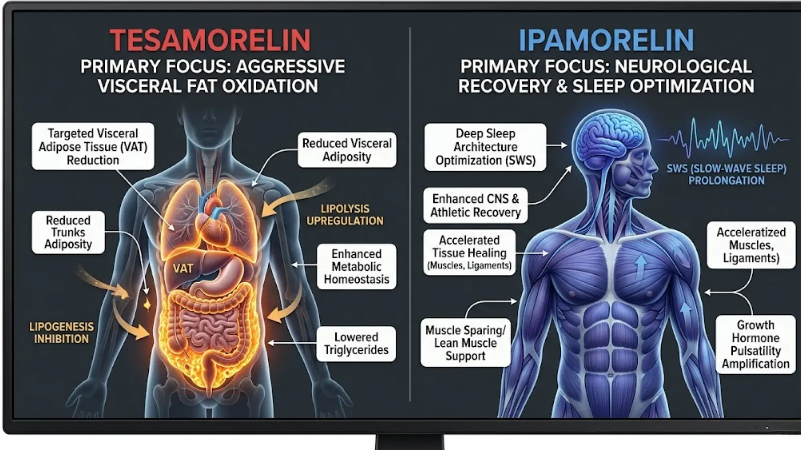 Clinical infographic map visualizing visceral fat targeting vs. deep sleep optimization targets on human diagram.
